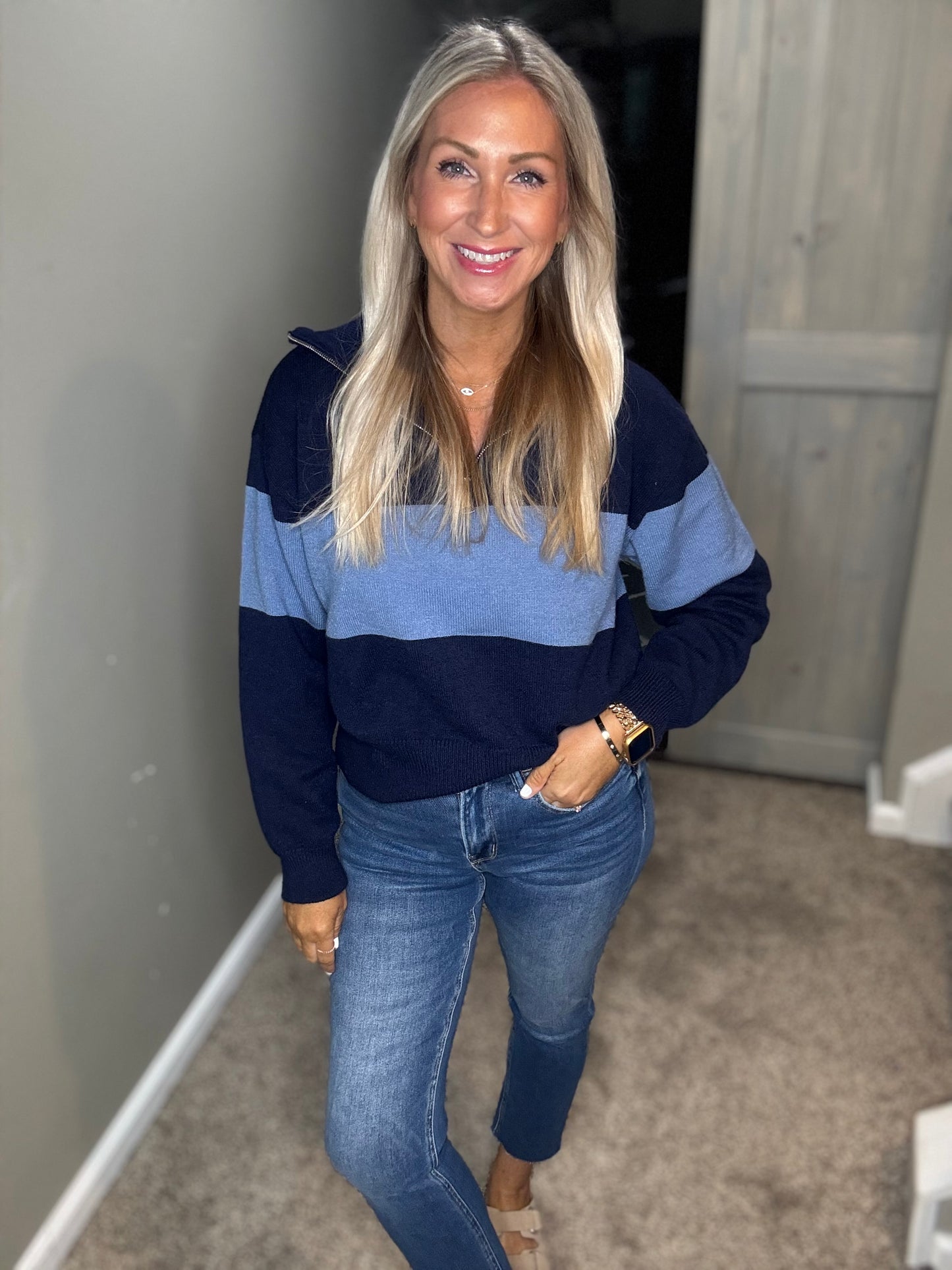 Navy Stripe 1/4 Zip Sweater