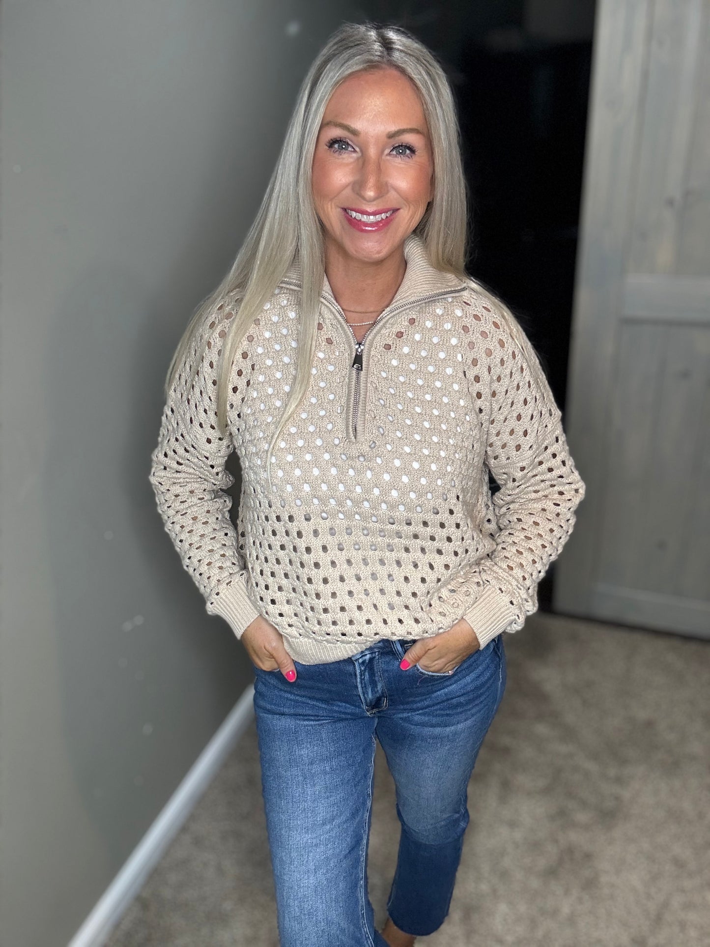 Oatmeal Open Knit 1/4 Zip Sweater