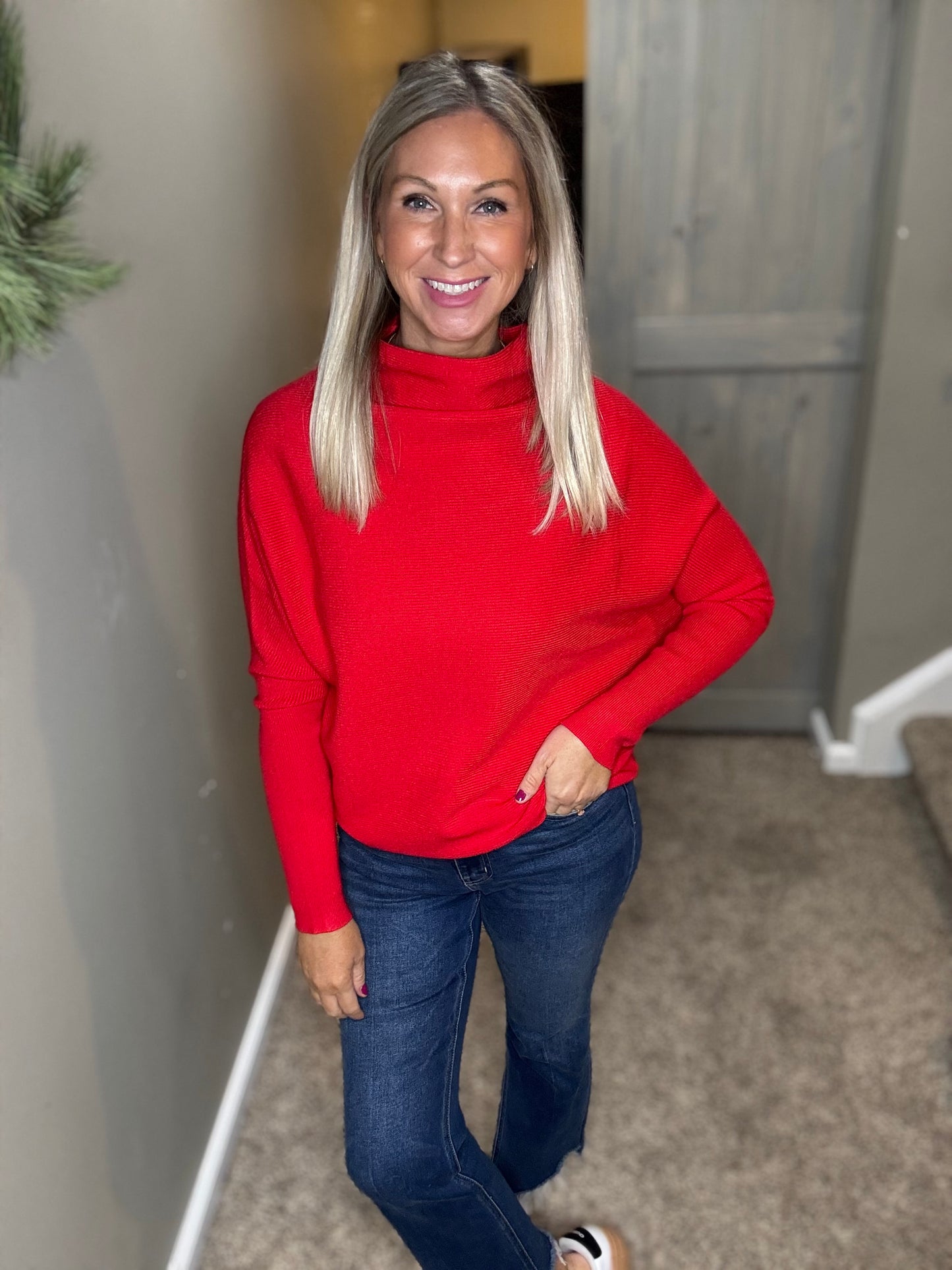 Red Ribbed Dolman Sweater
