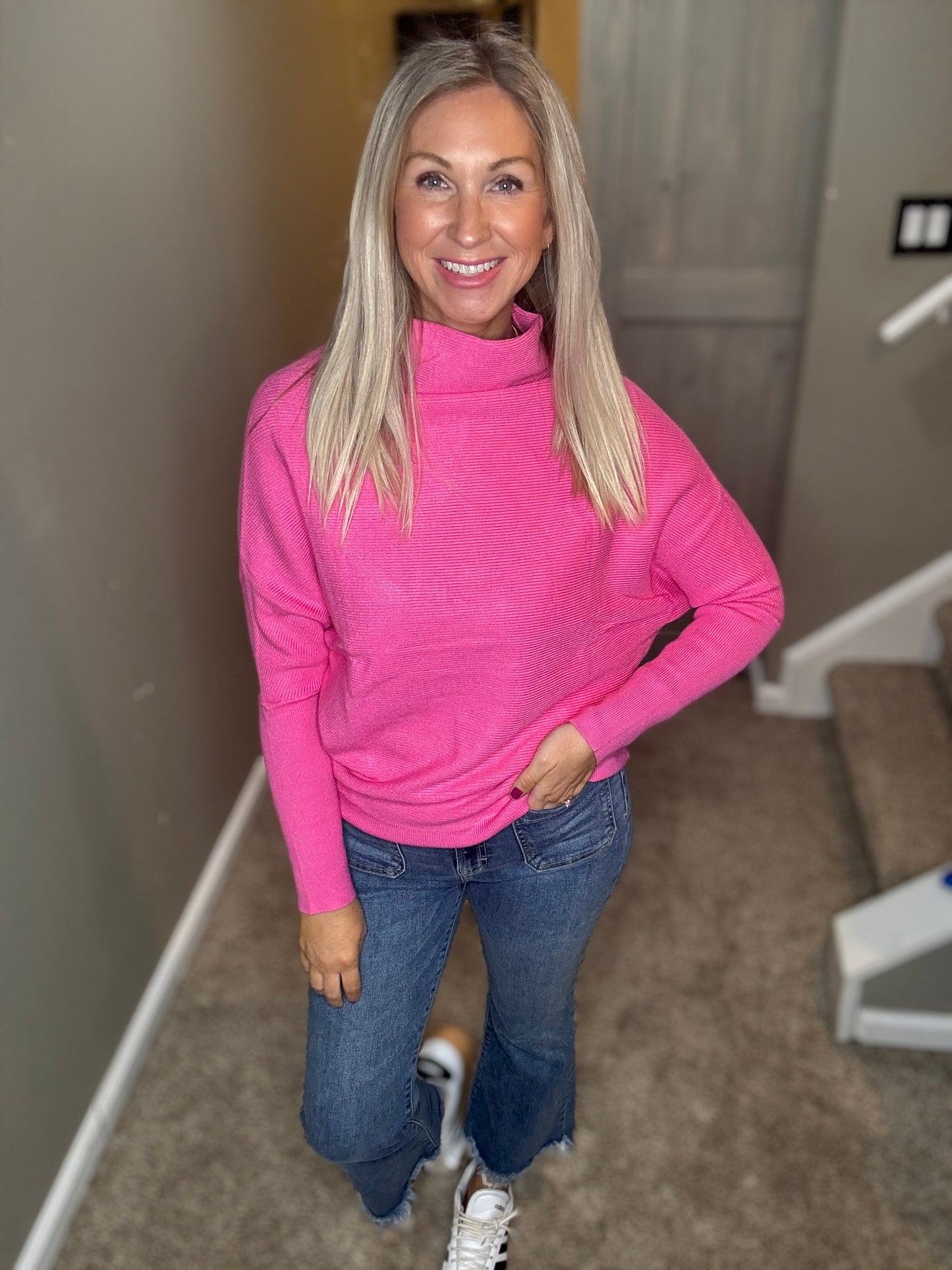 Pink Ribbed Dolman Sweater