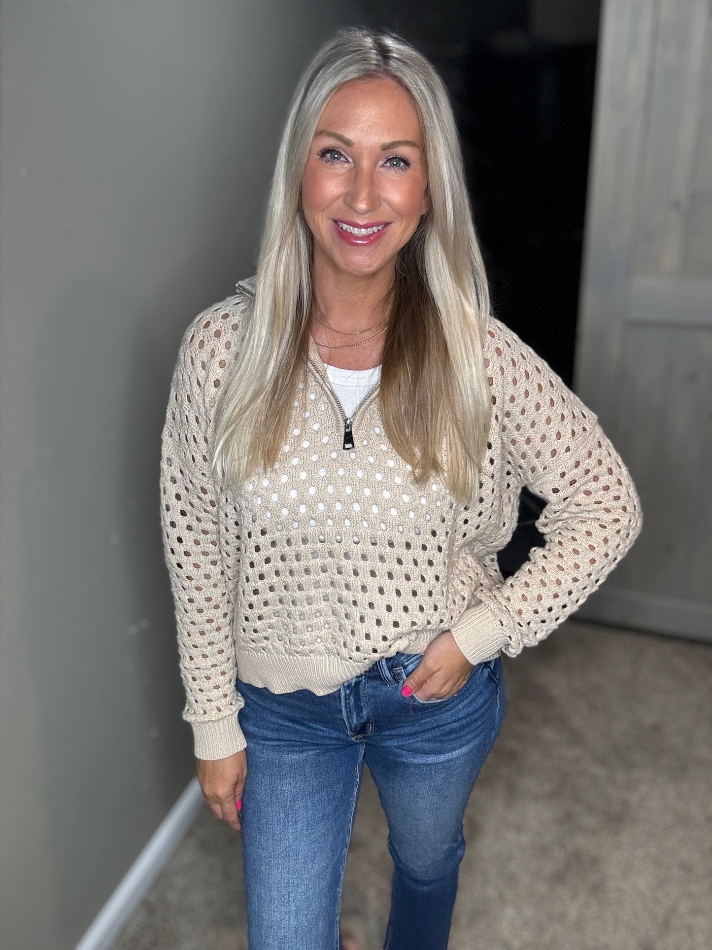 Oatmeal Open Knit 1/4 Zip Sweater