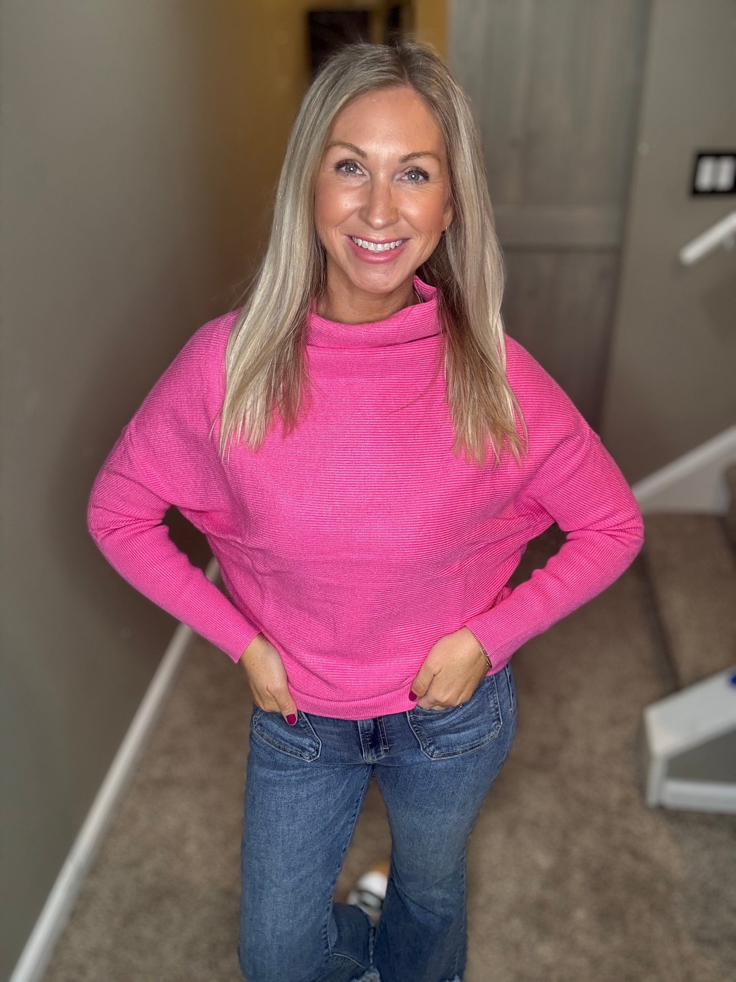 Pink Ribbed Dolman Sweater