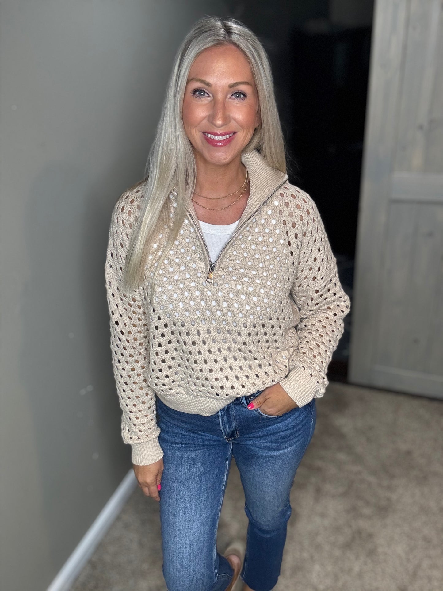 Oatmeal Open Knit 1/4 Zip Sweater