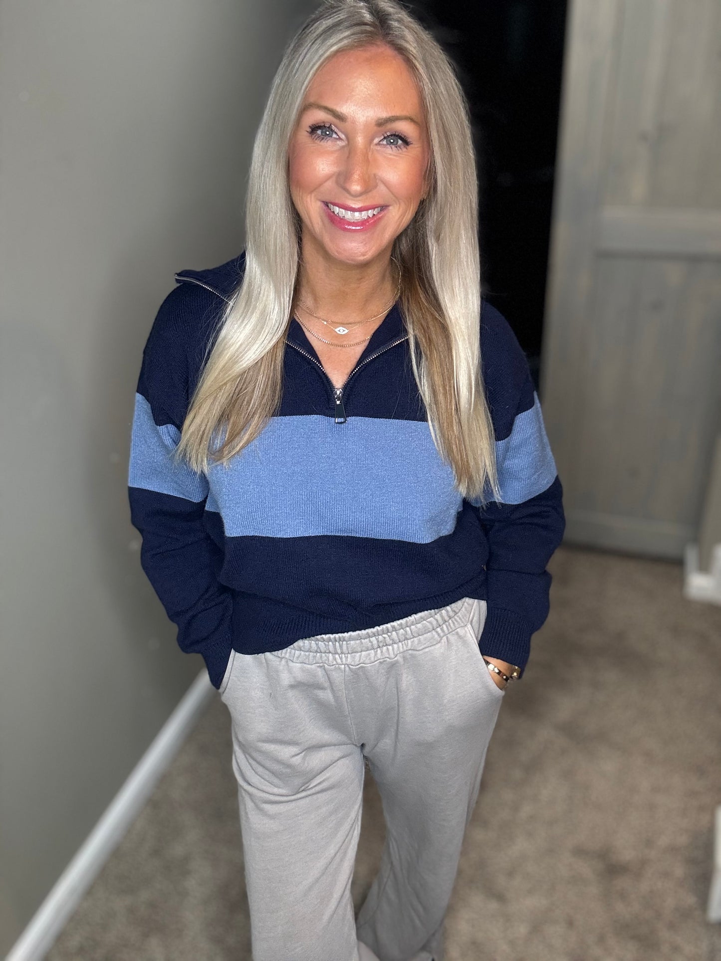 Navy Stripe 1/4 Zip Sweater