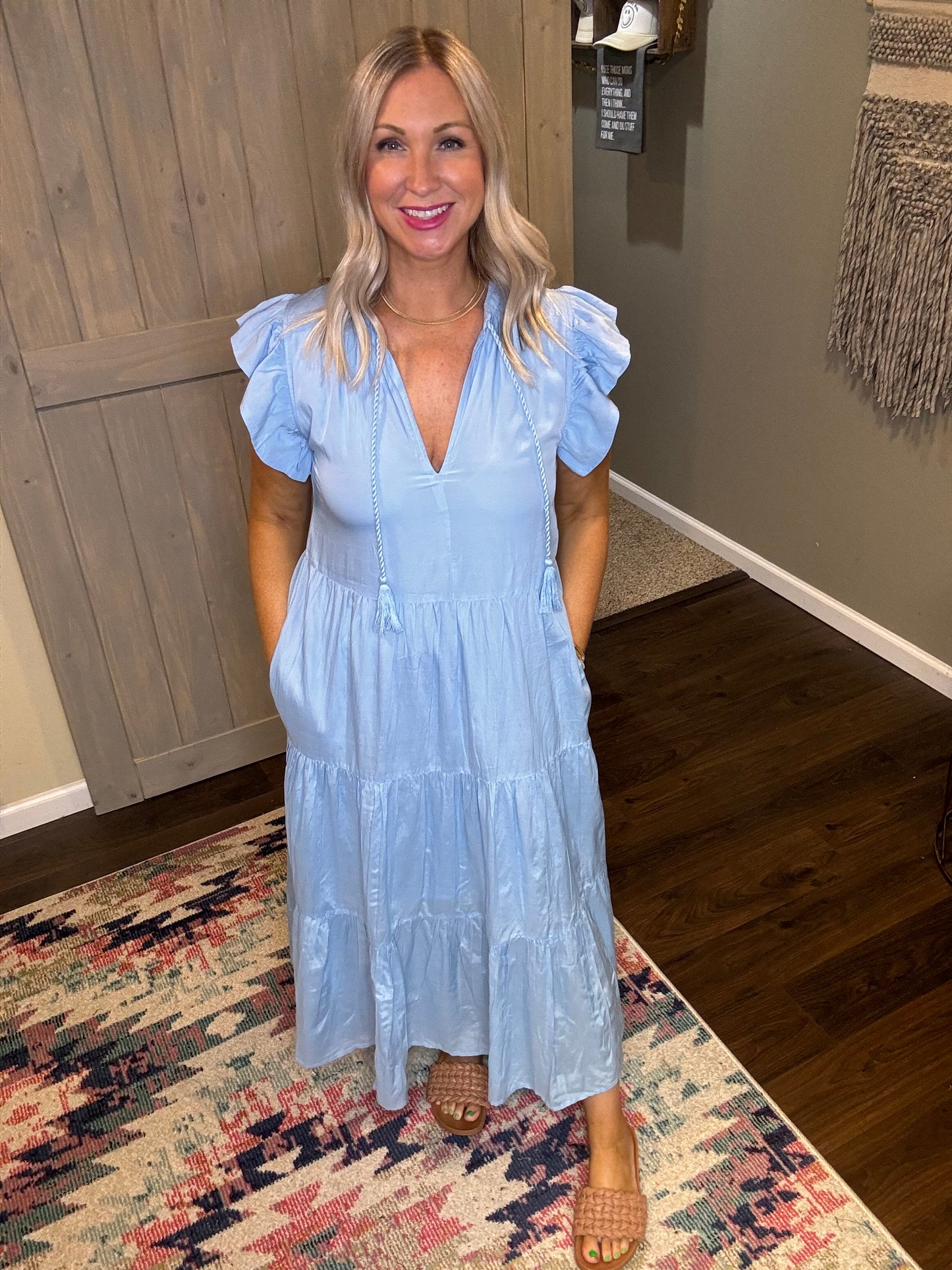 Blue Ruffle Sleeve Maxi Dress