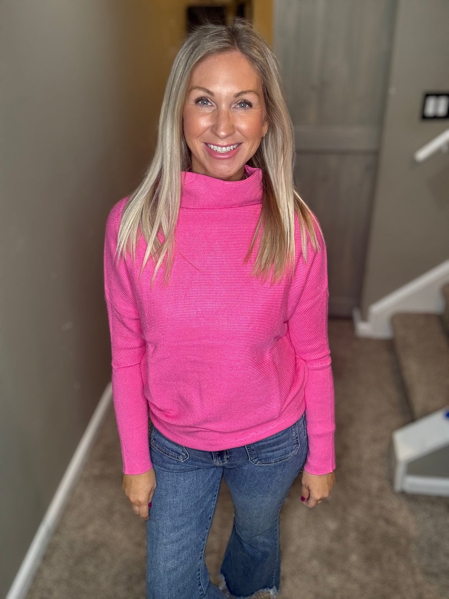 Pink Ribbed Dolman Sweater