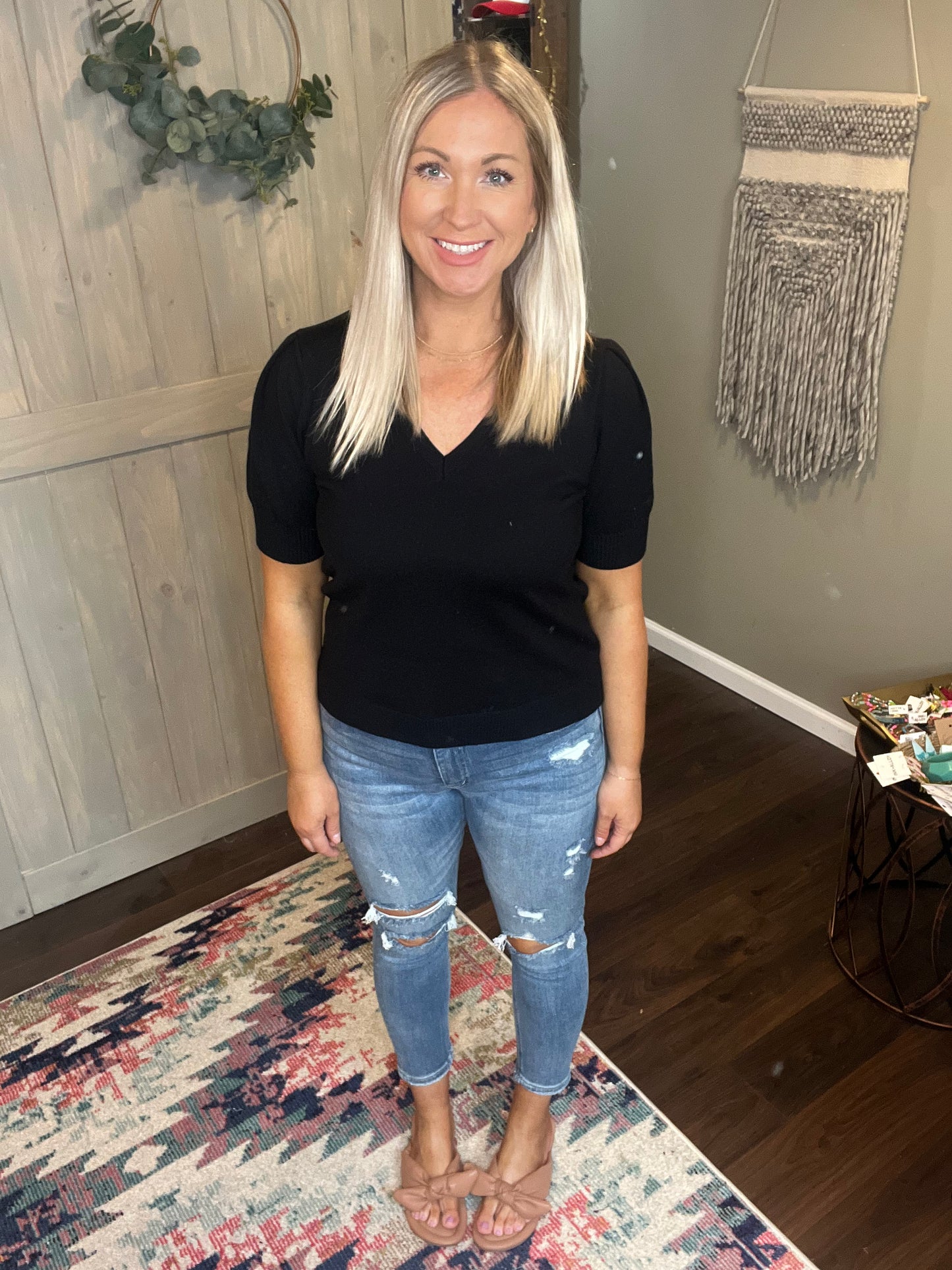 Puff Sleeve V-Neck Sweater