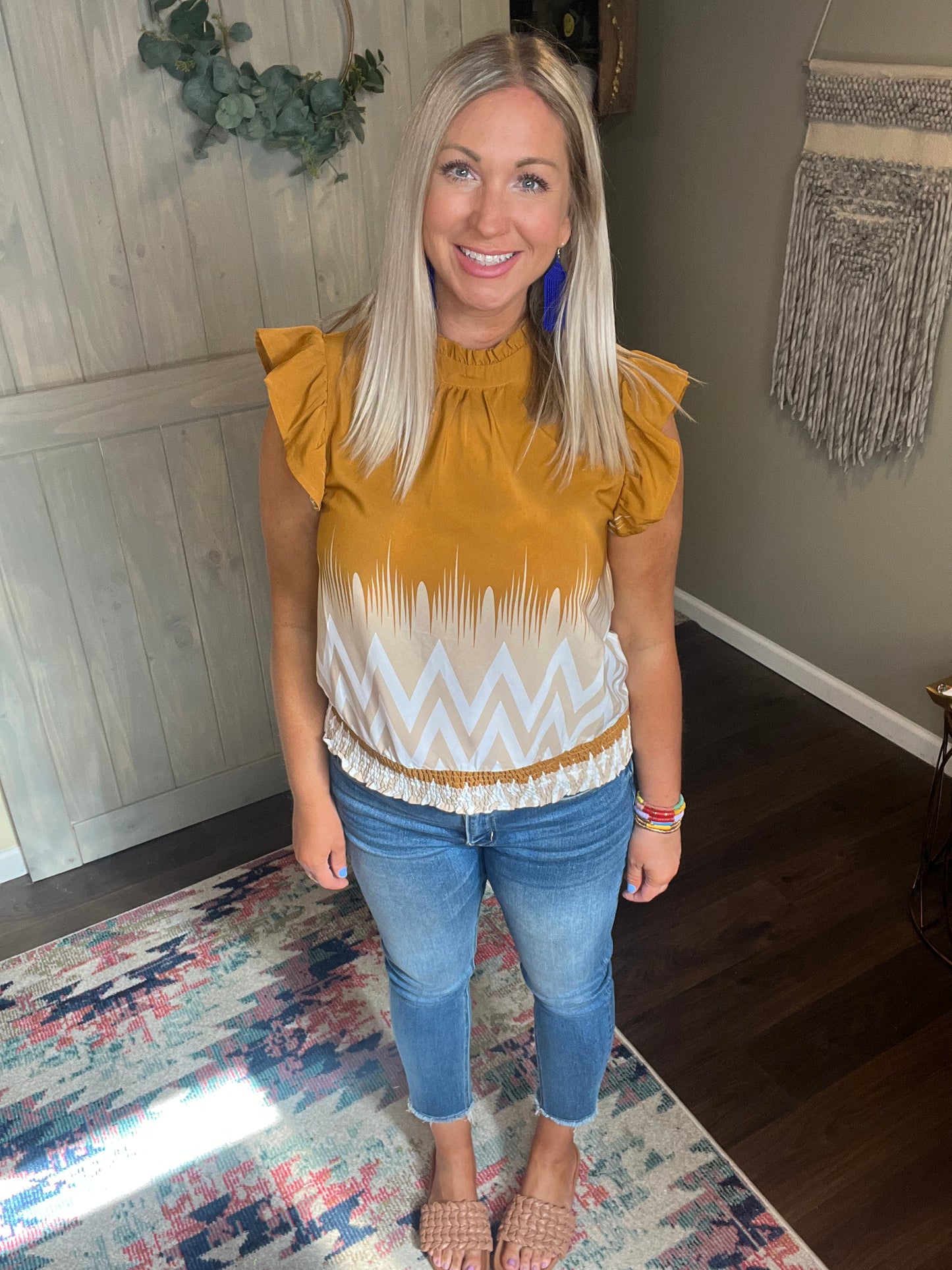Mustard Print Flutter Sleeve Top