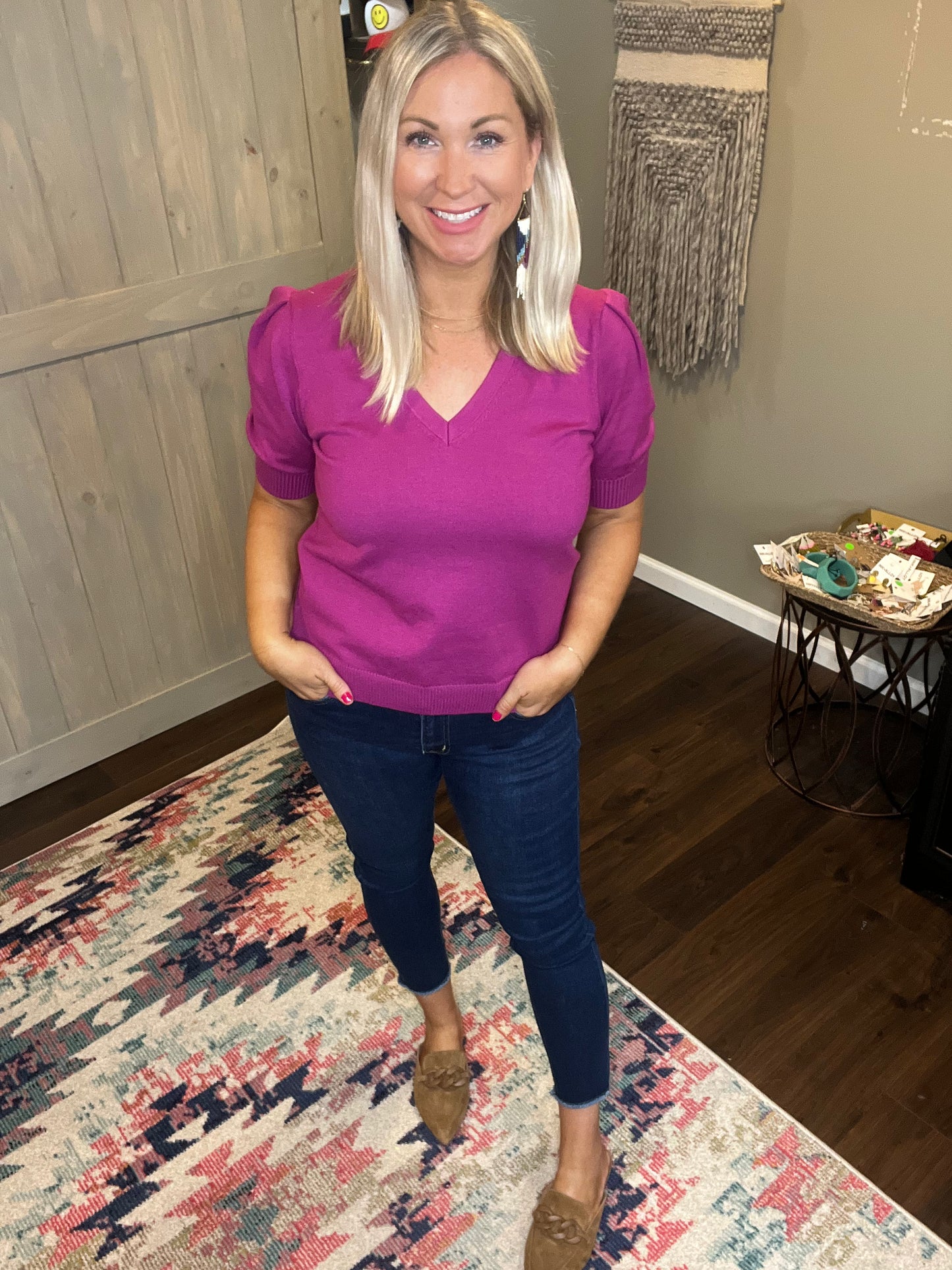Puff Sleeve V-Neck Sweater