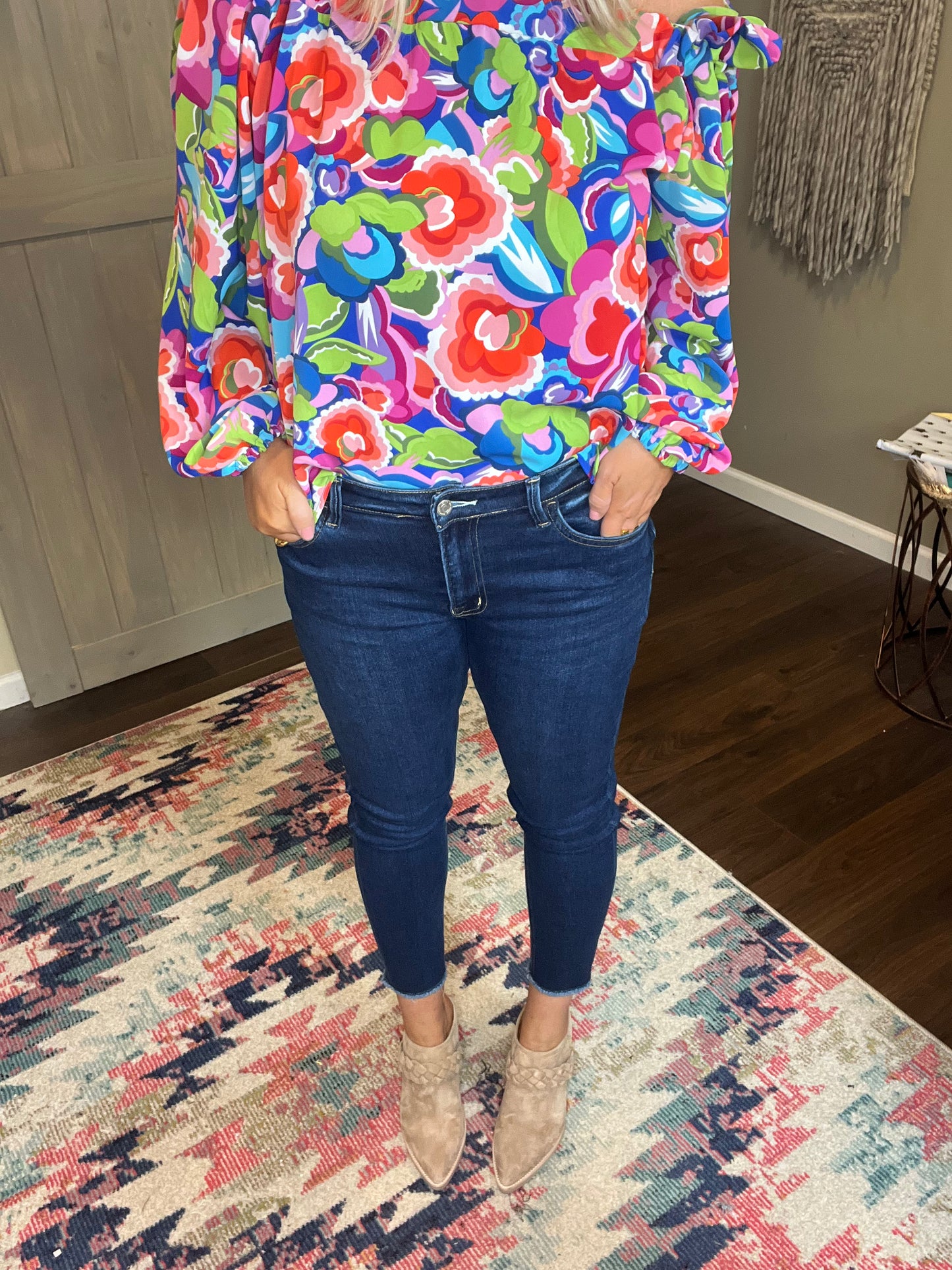 Mid Rise Raw Hem Crop Skinny
