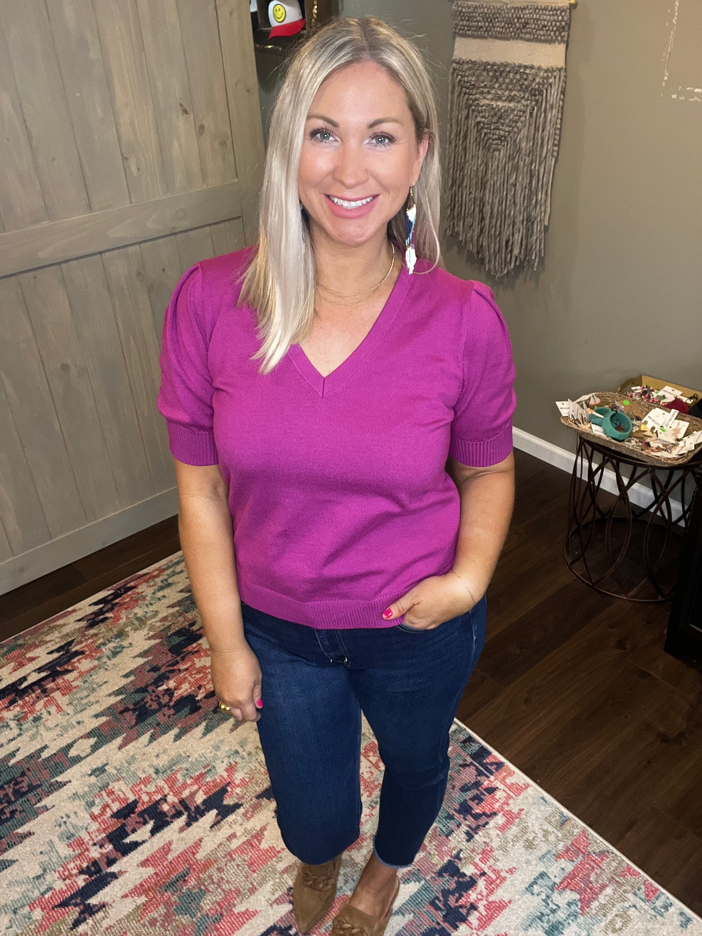 Puff Sleeve V-Neck Sweater
