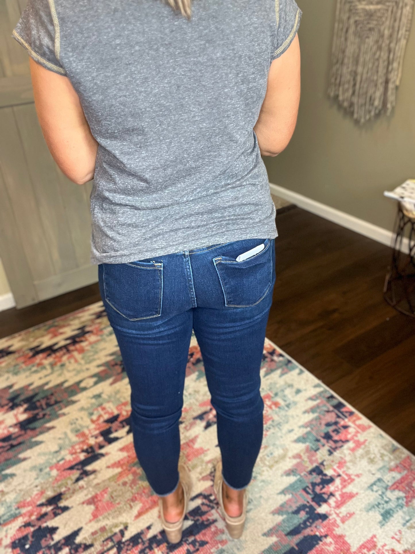 Mid Rise Raw Hem Crop Skinny