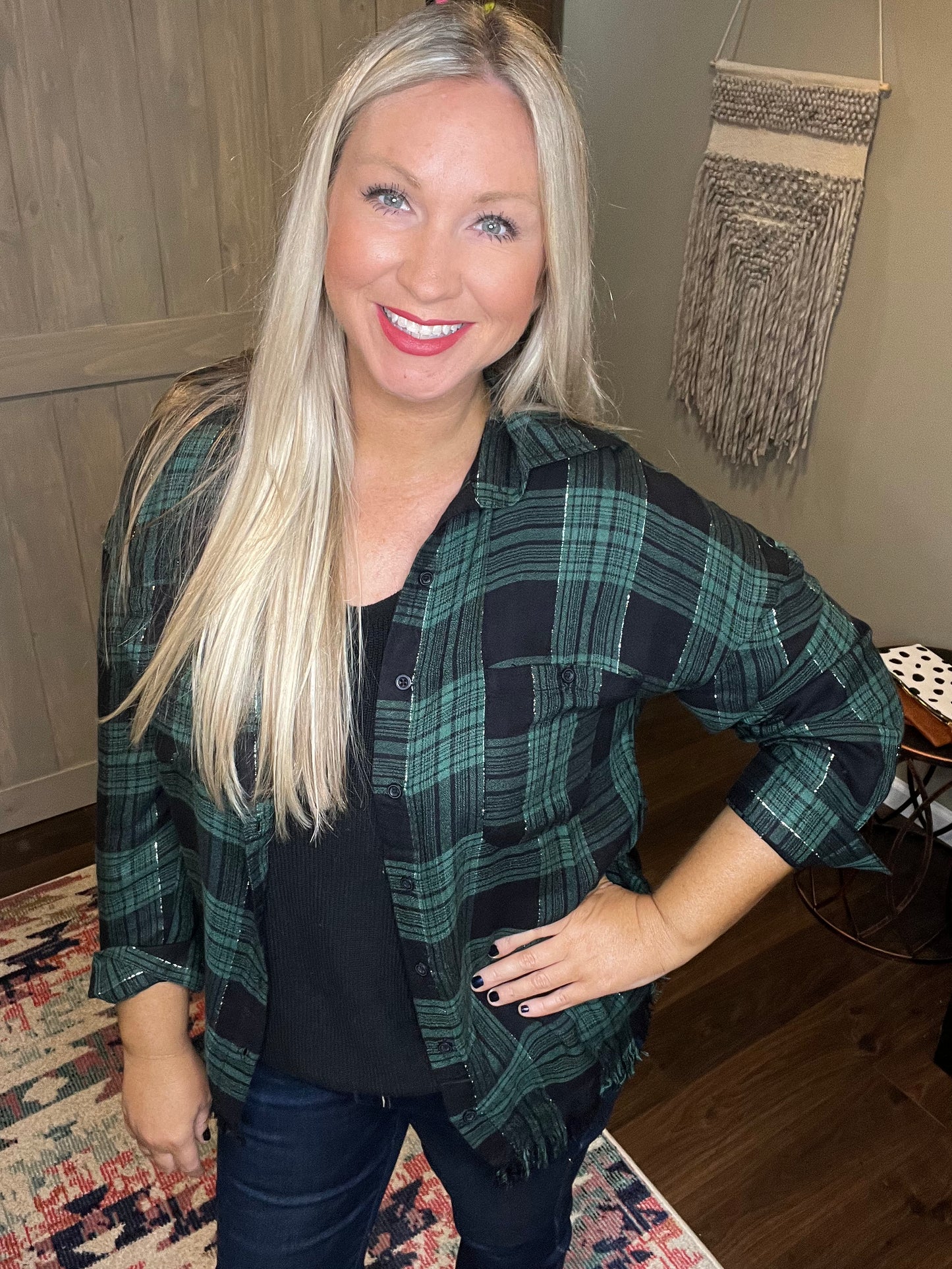 Green Plaid Fringe Hem Top