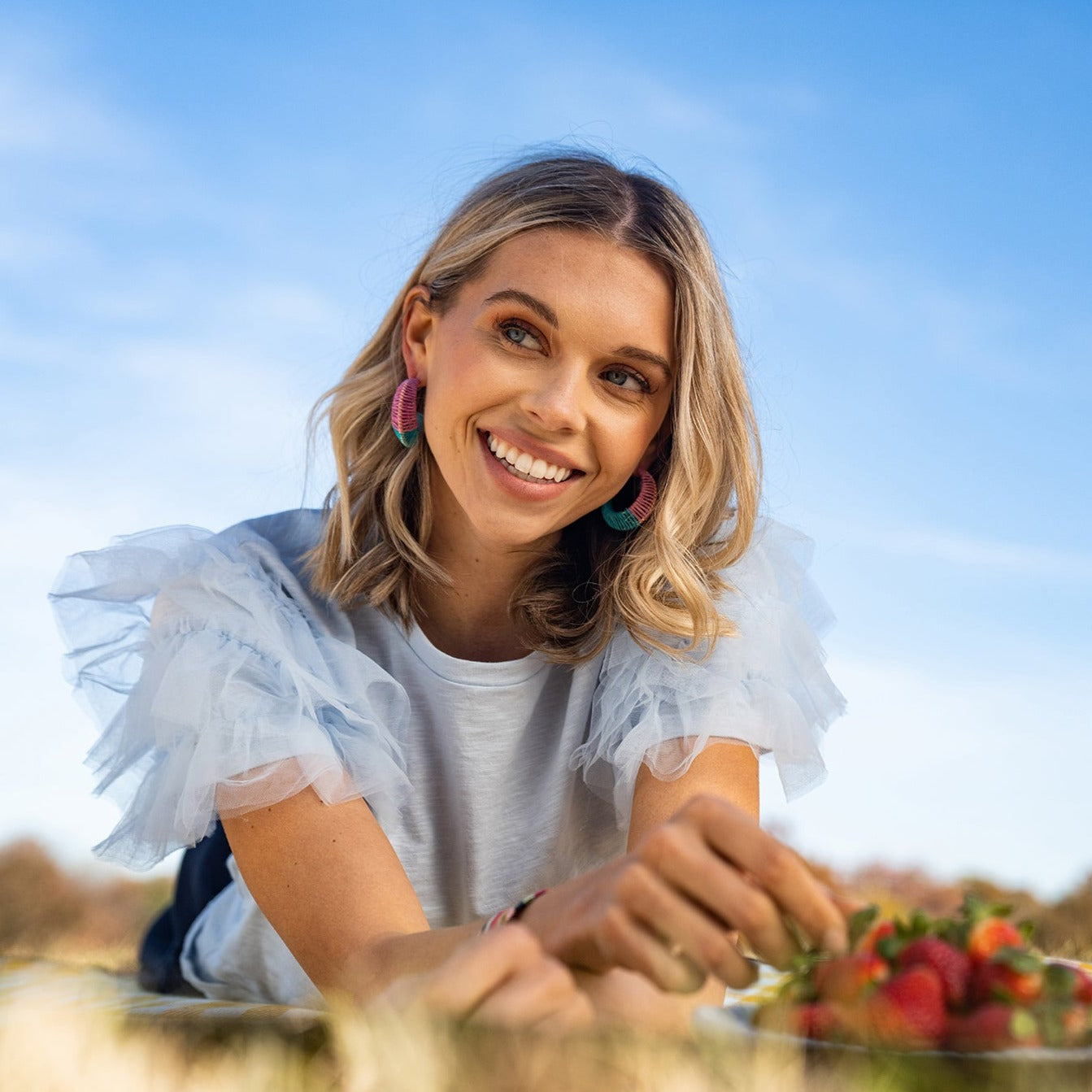 Lilac Turquoise Raffia Hoop Earrings