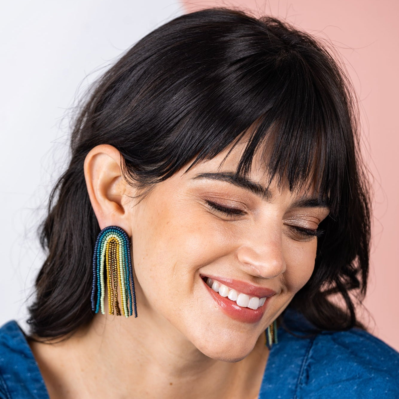 Teal Navy Rainbow Fringe Earrings