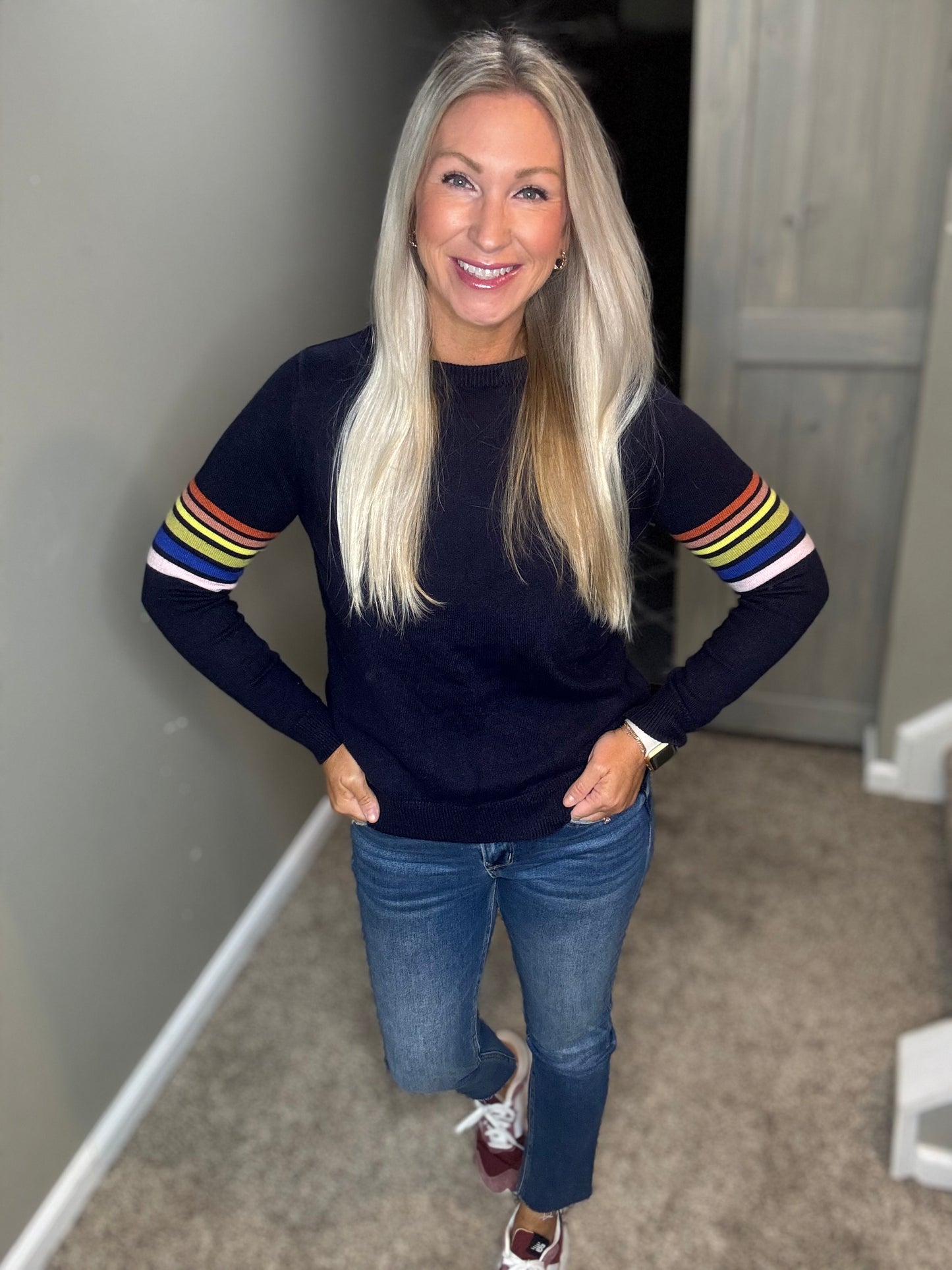 Navy Striped Sleeve Sweater