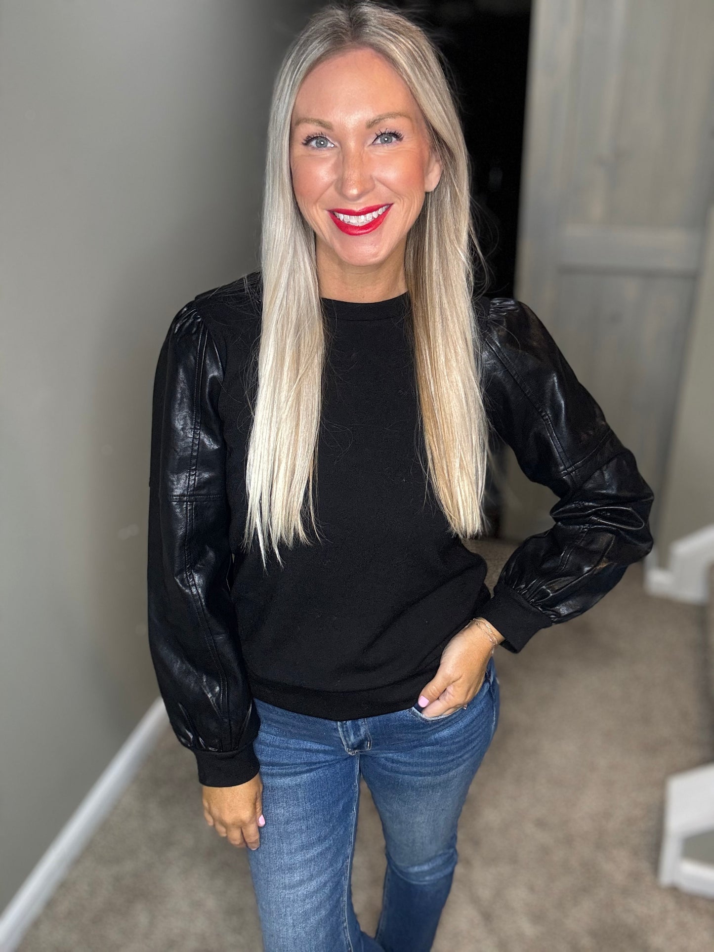 Black Faux Leather Sleeve Top