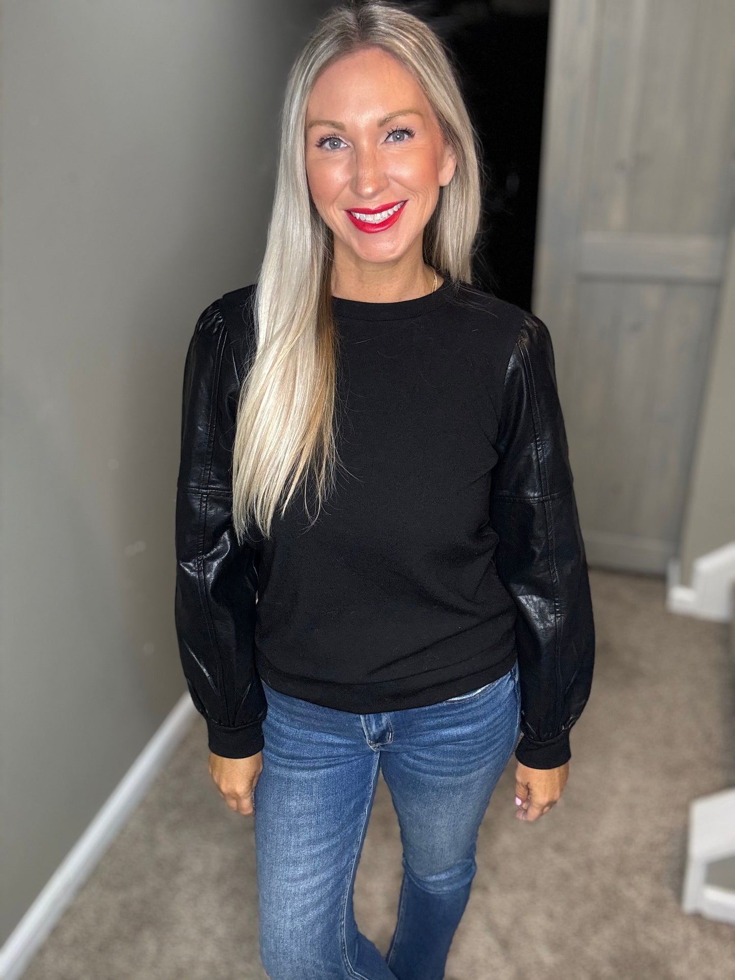 Black Faux Leather Sleeve Top