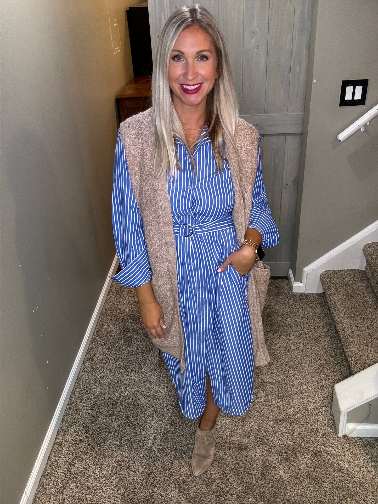 Blue Striped Midi Shirt Dress