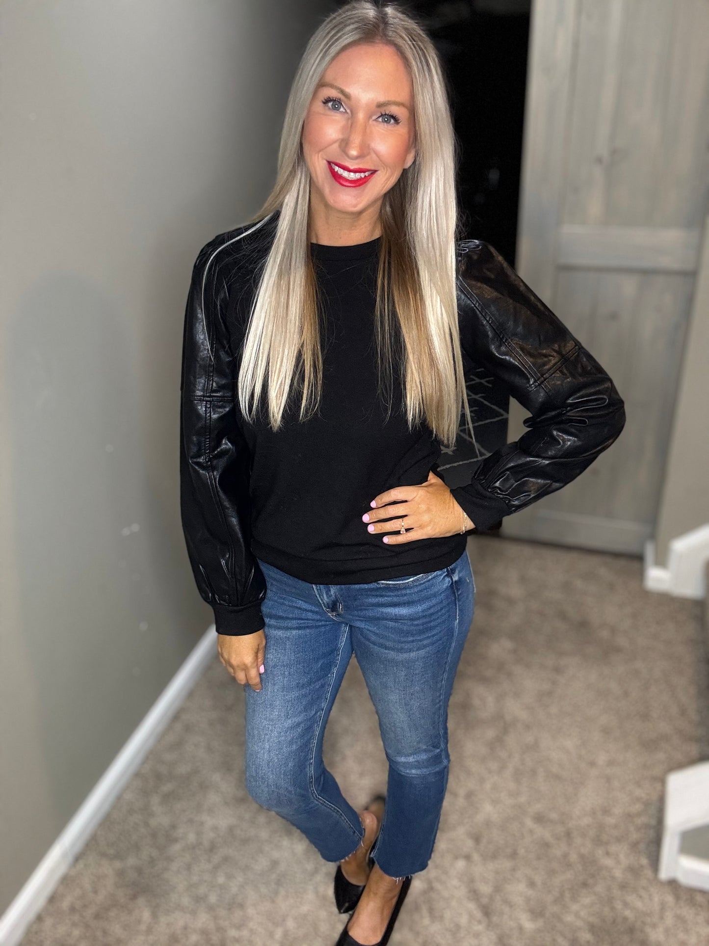 Black Faux Leather Sleeve Top