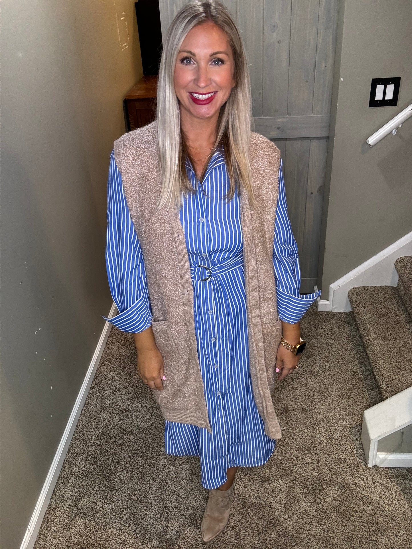 Blue Striped Midi Shirt Dress