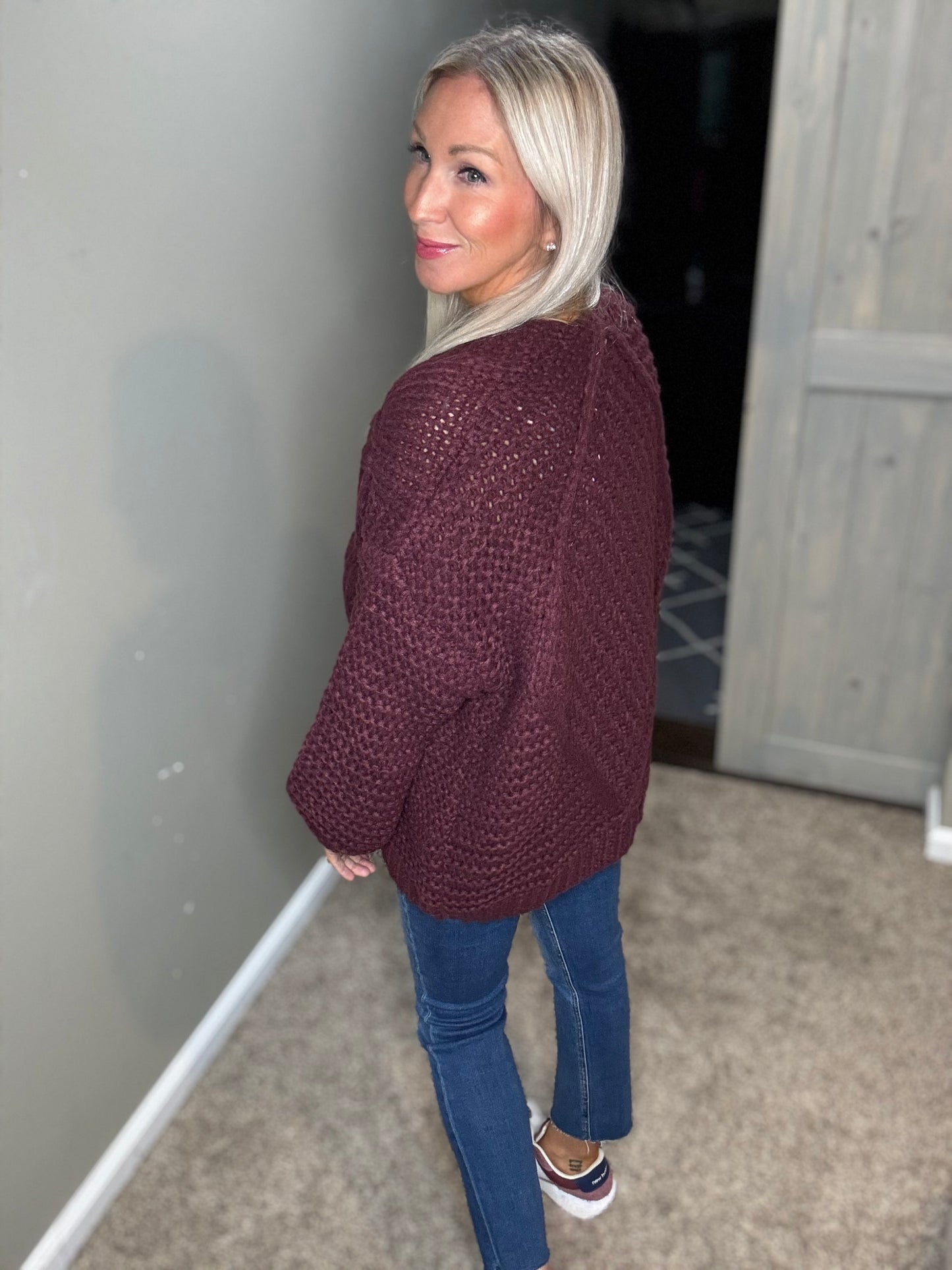 Wine Cable Knit Cardigan
