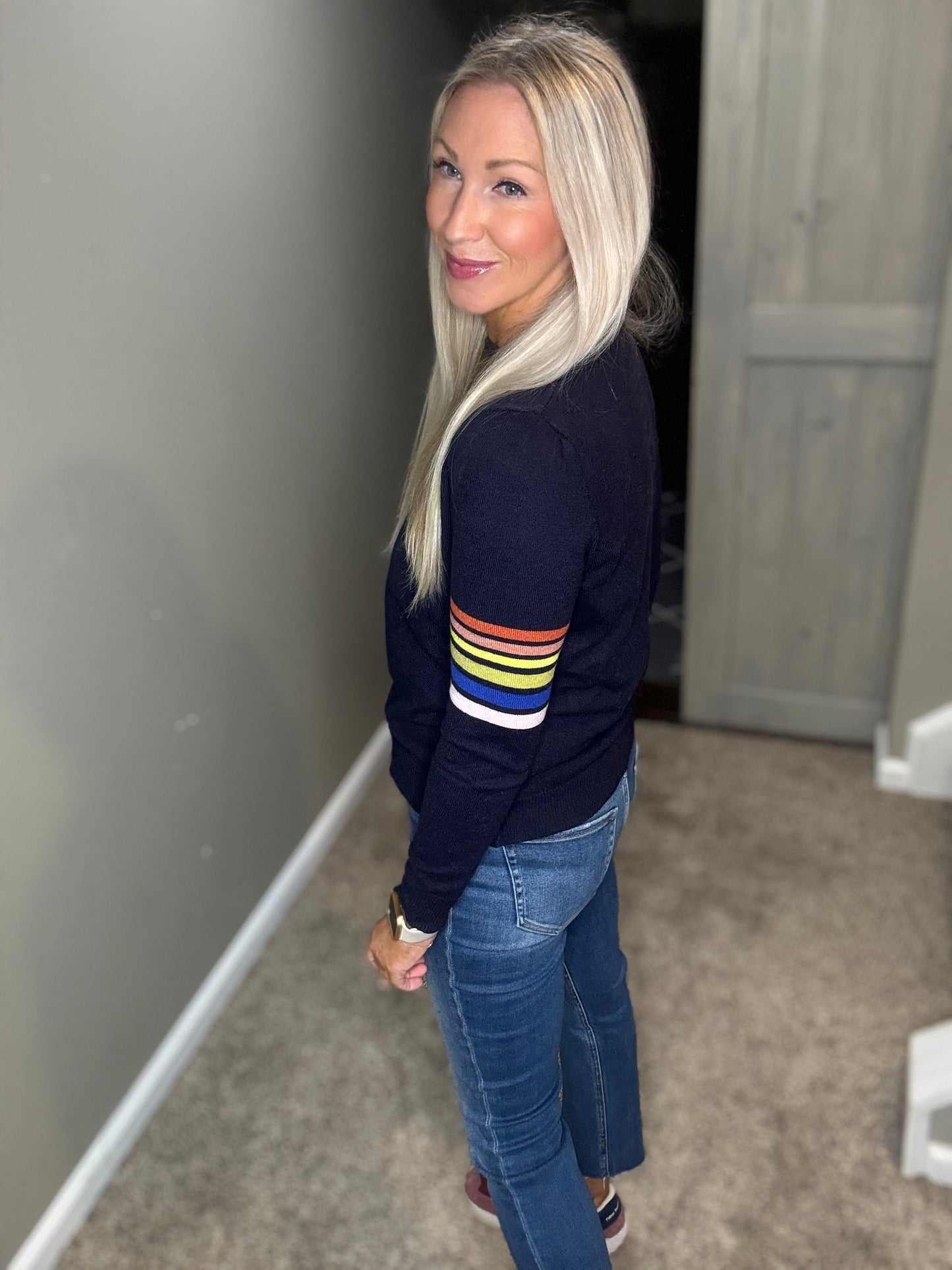 Navy Striped Sleeve Sweater