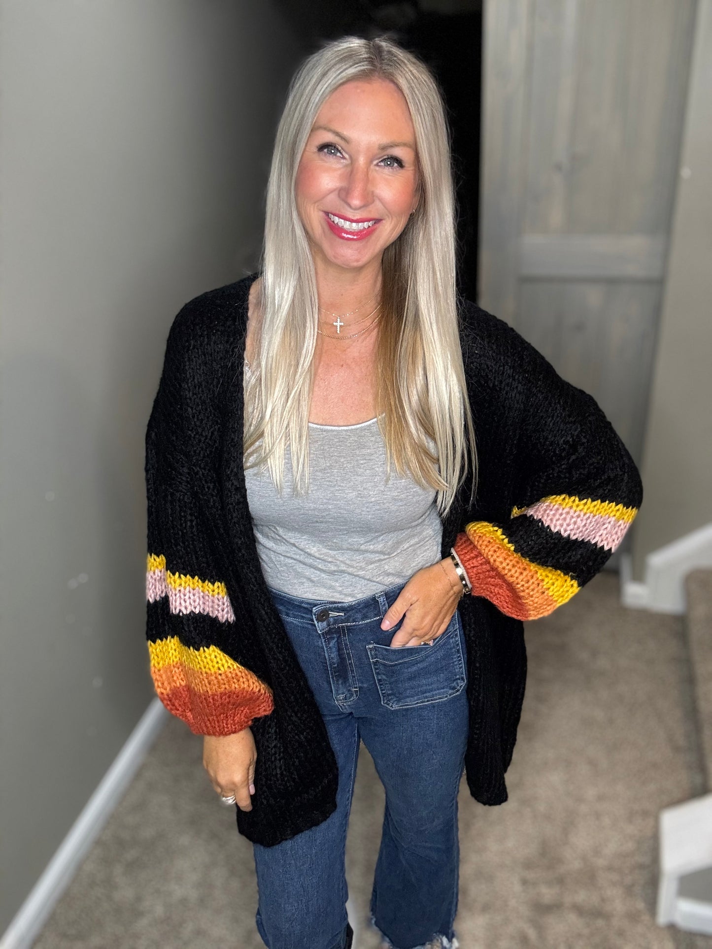 Black Striped Sleeve Cardigan