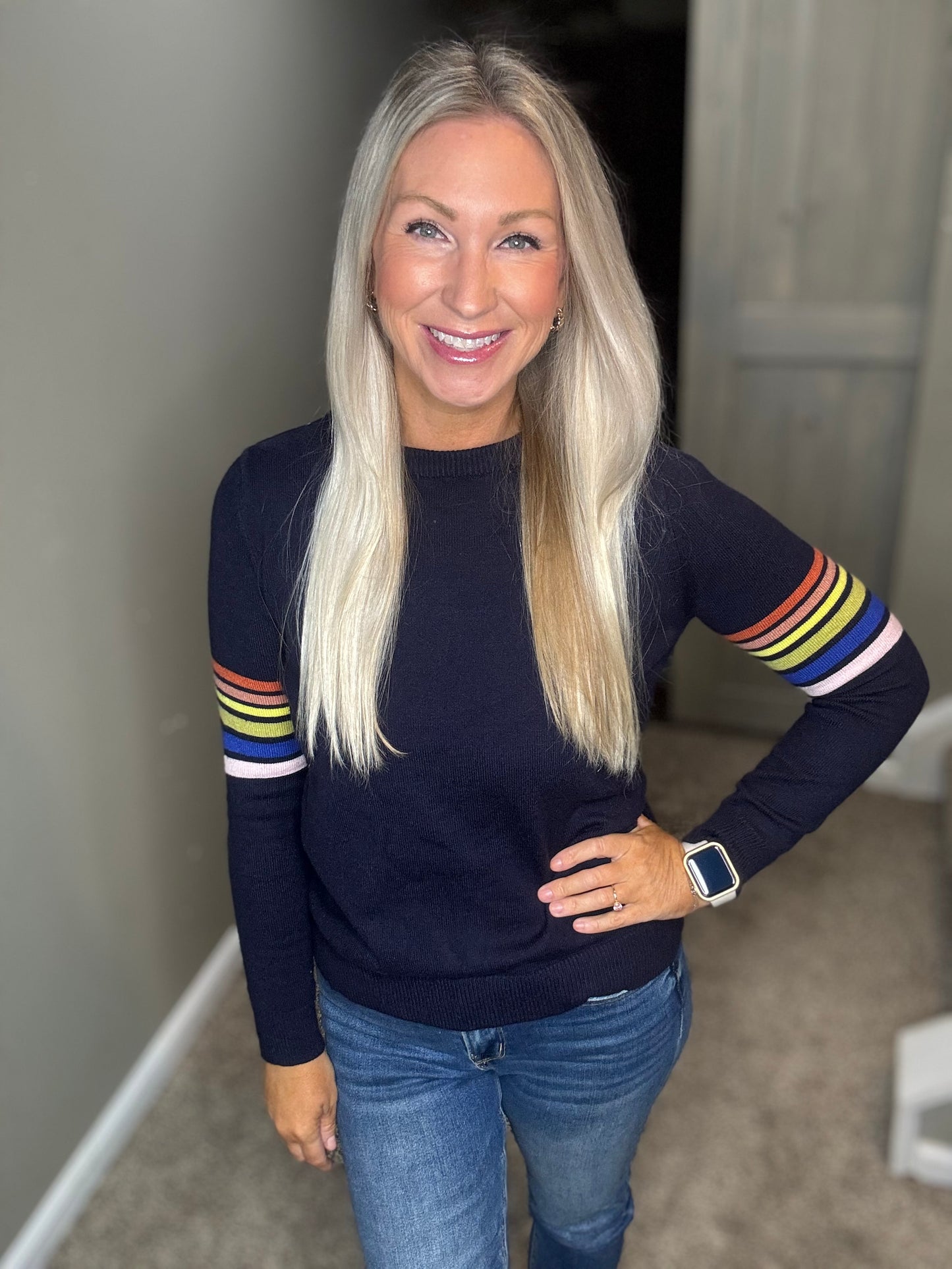 Navy Striped Sleeve Sweater