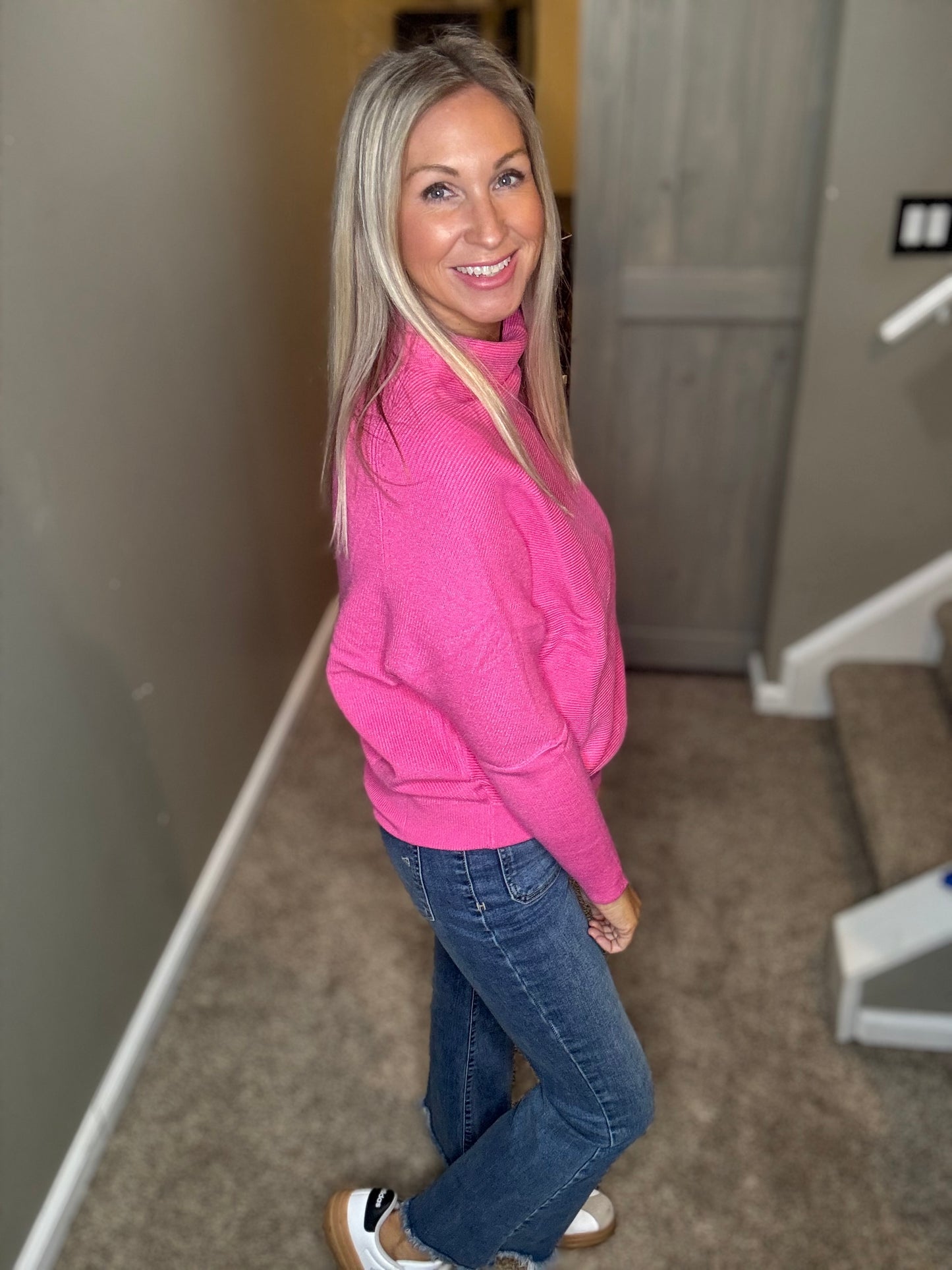 Pink Ribbed Dolman Sweater