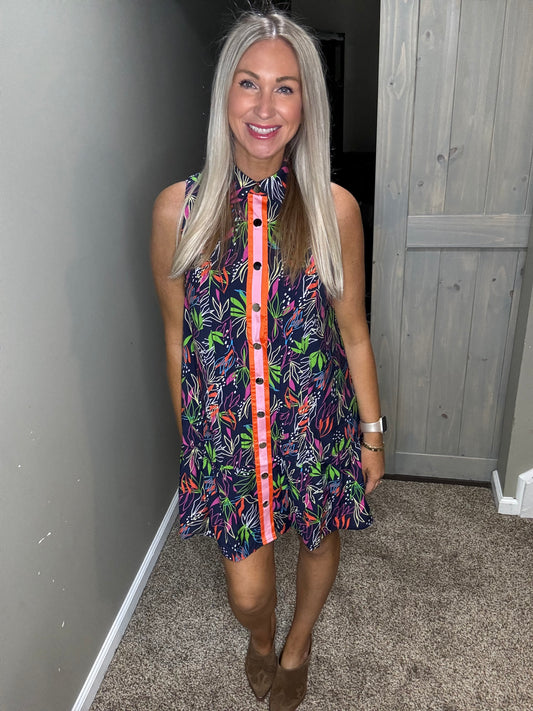 Navy Print Collared Dress