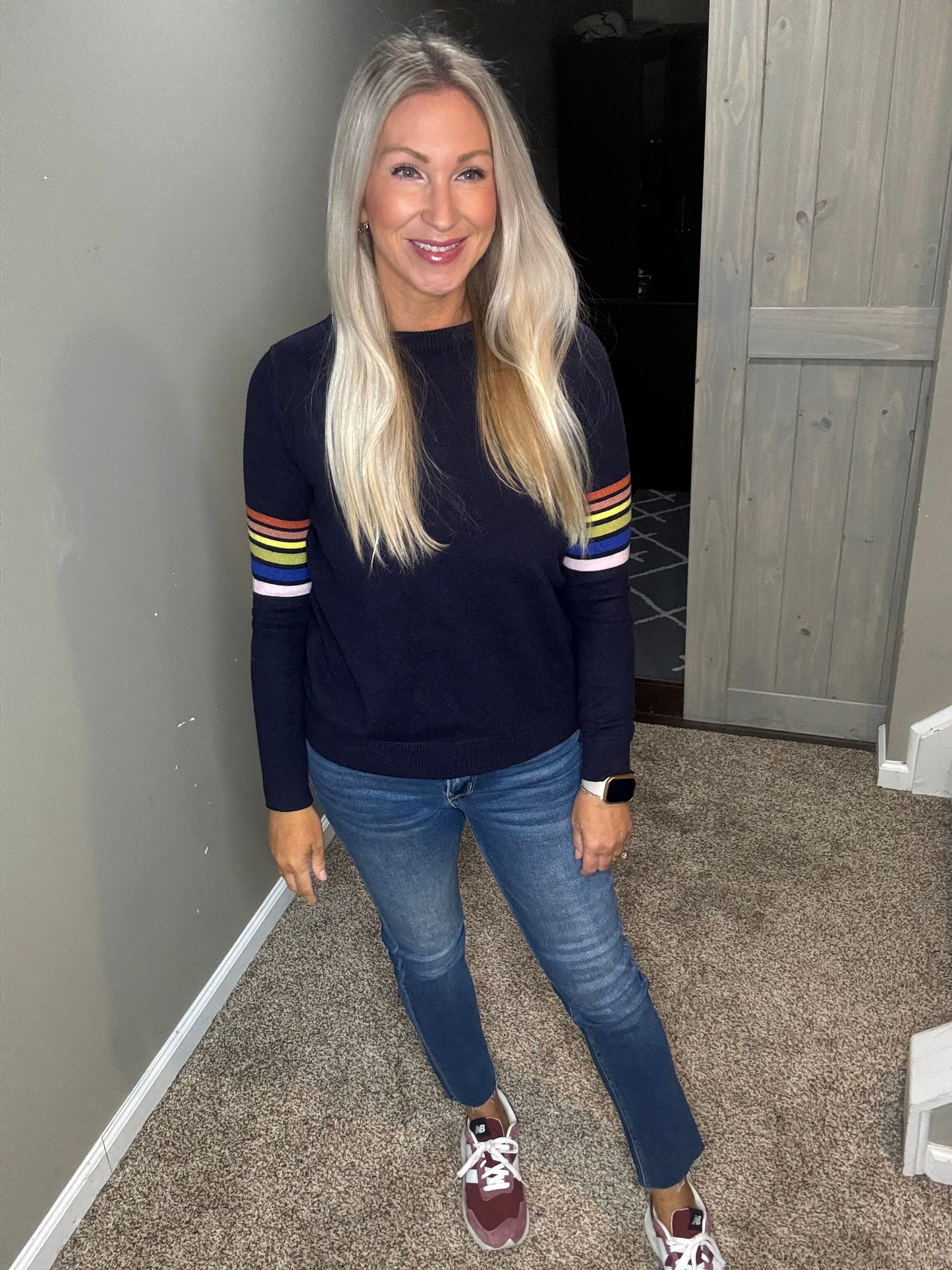Navy Striped Sleeve Sweater
