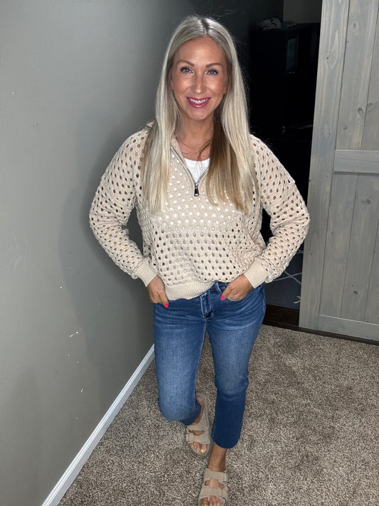 Oatmeal Open Knit 1/4 Zip Sweater