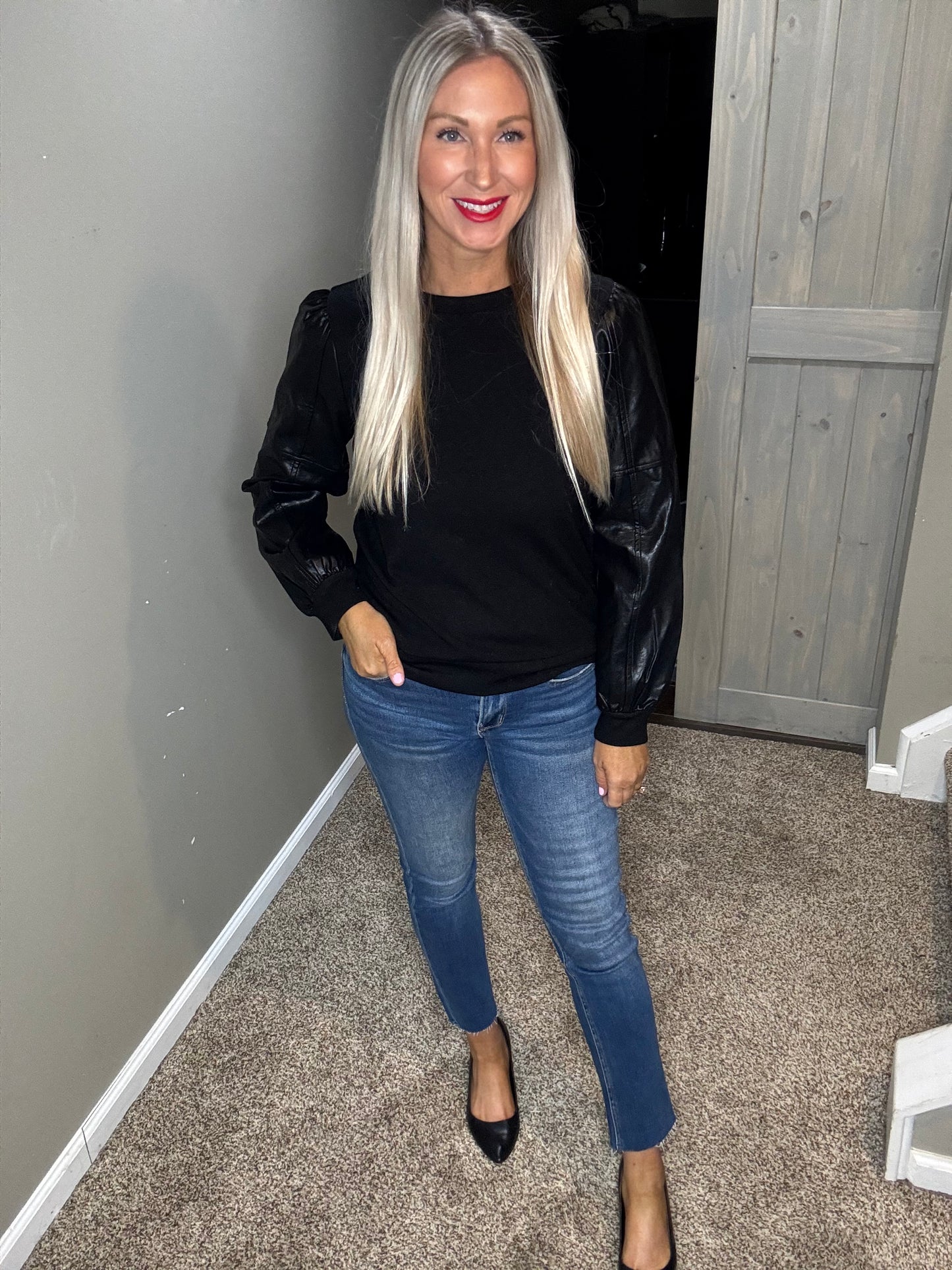 Black Faux Leather Sleeve Top