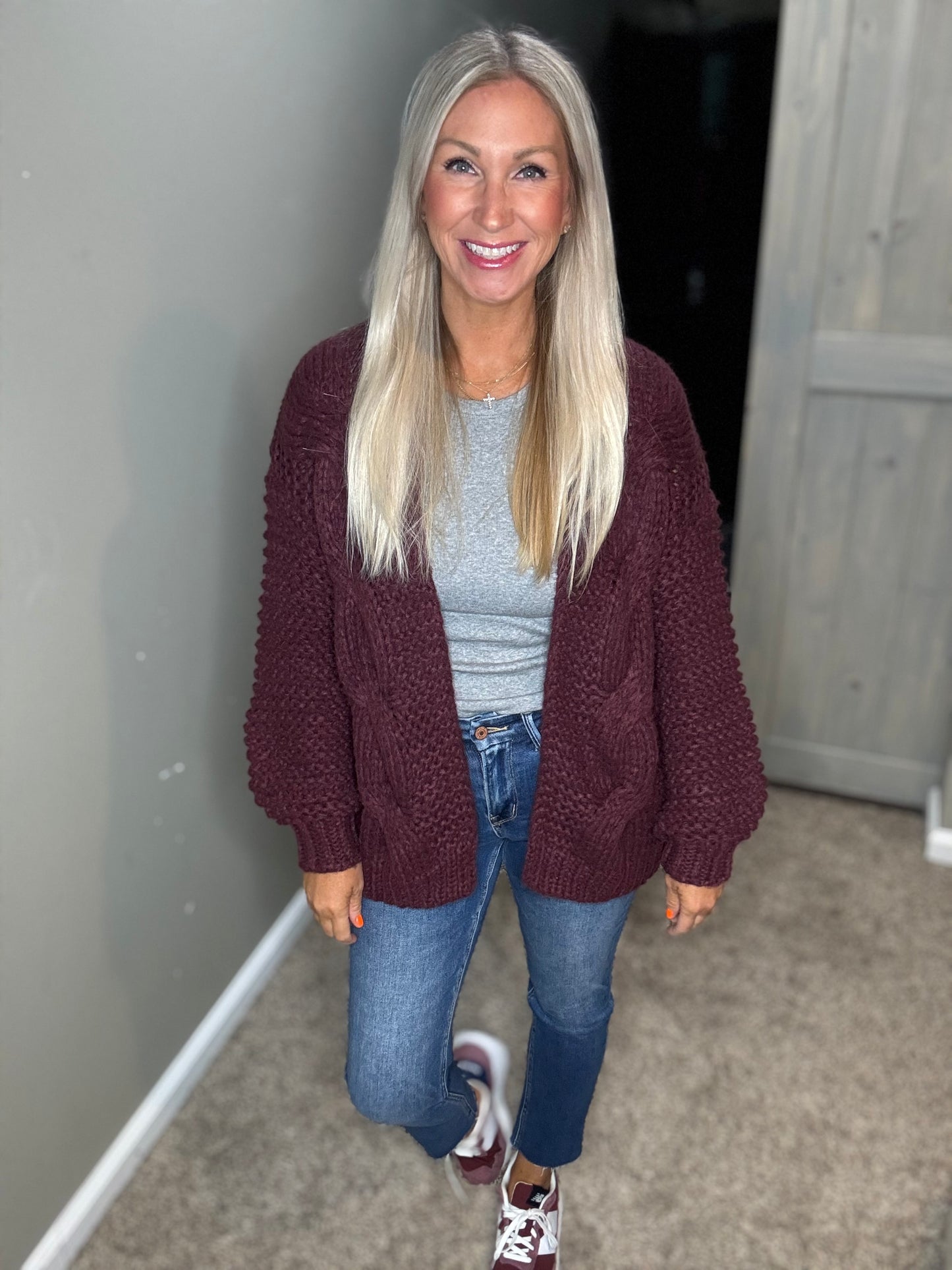 Wine Cable Knit Cardigan