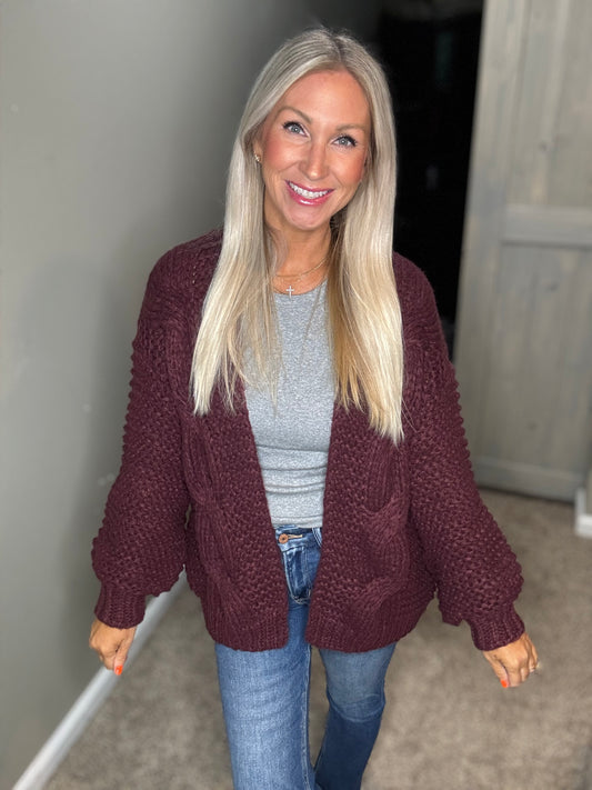 Wine Cable Knit Cardigan