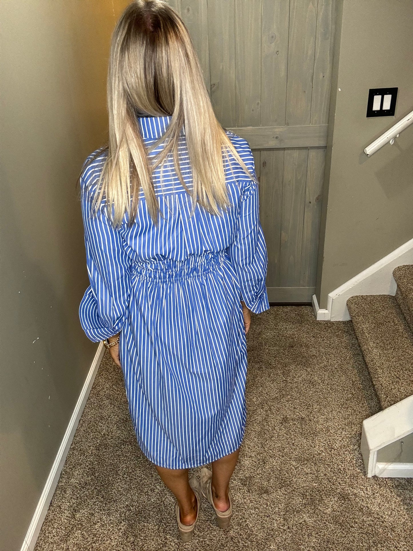 Blue Striped Midi Shirt Dress