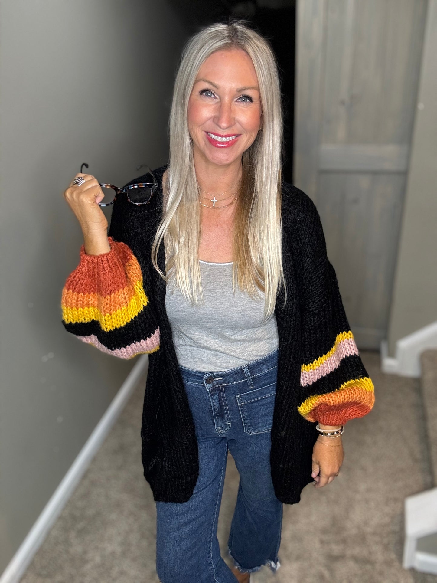 Black Striped Sleeve Cardigan