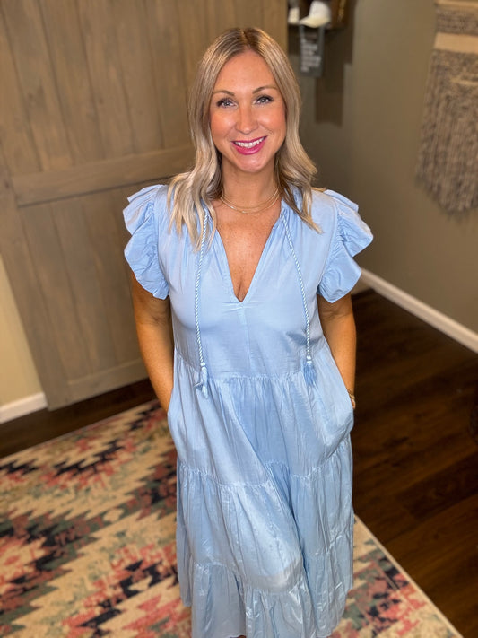 Blue Ruffle Sleeve Maxi Dress