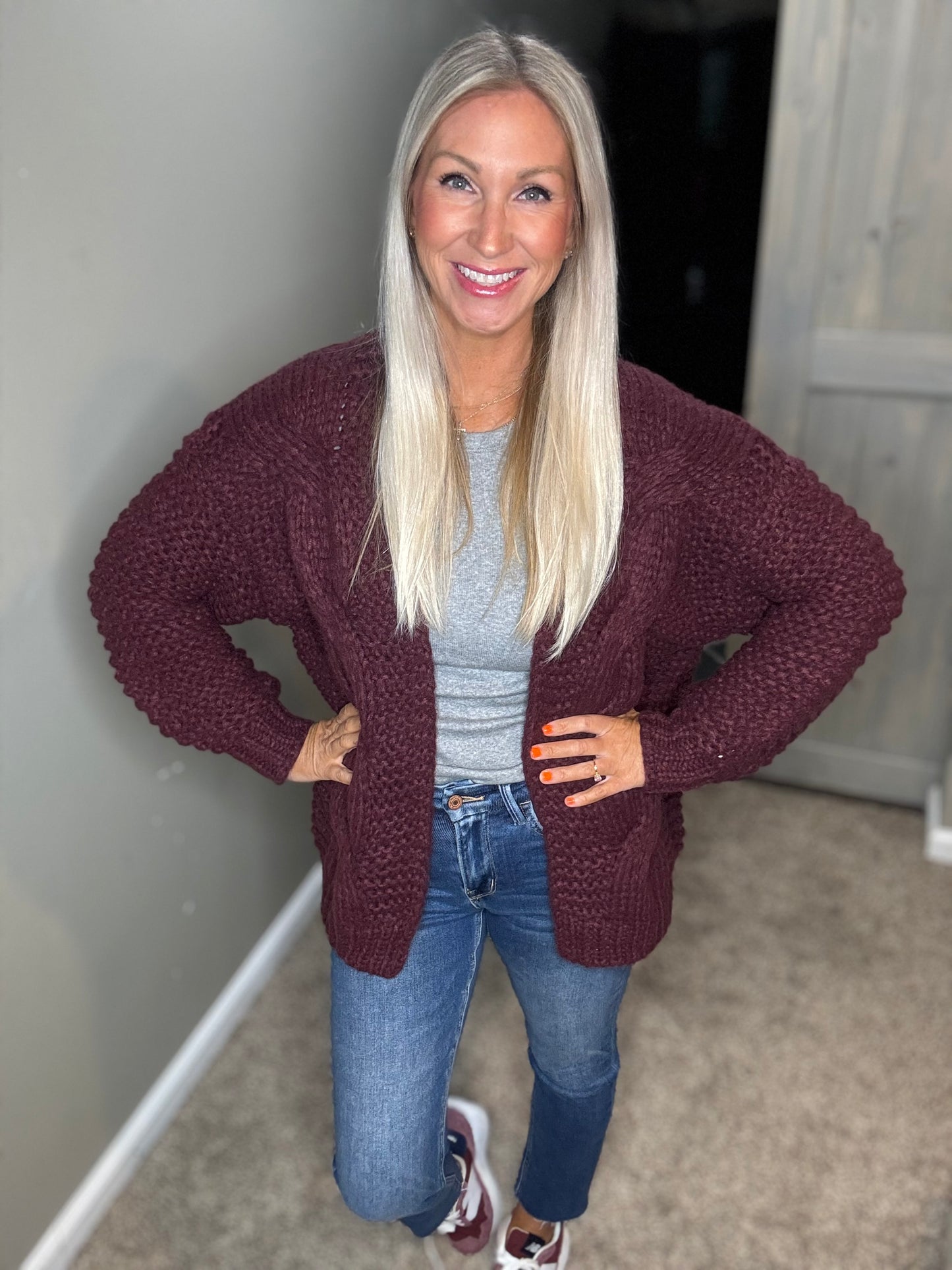 Wine Cable Knit Cardigan
