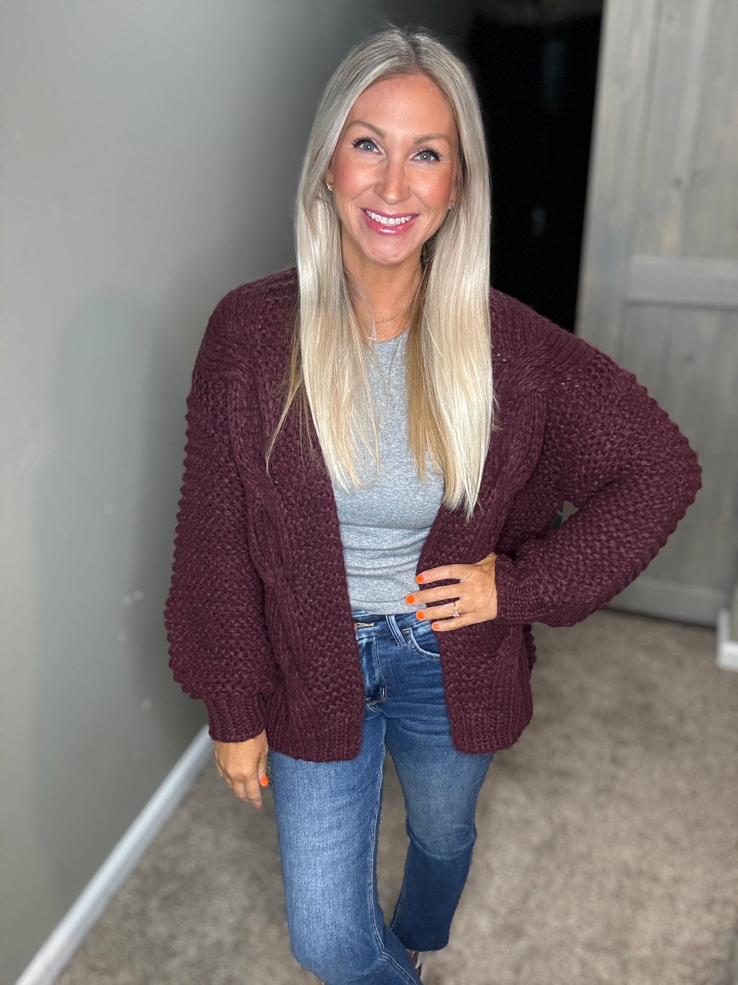 Wine Cable Knit Cardigan
