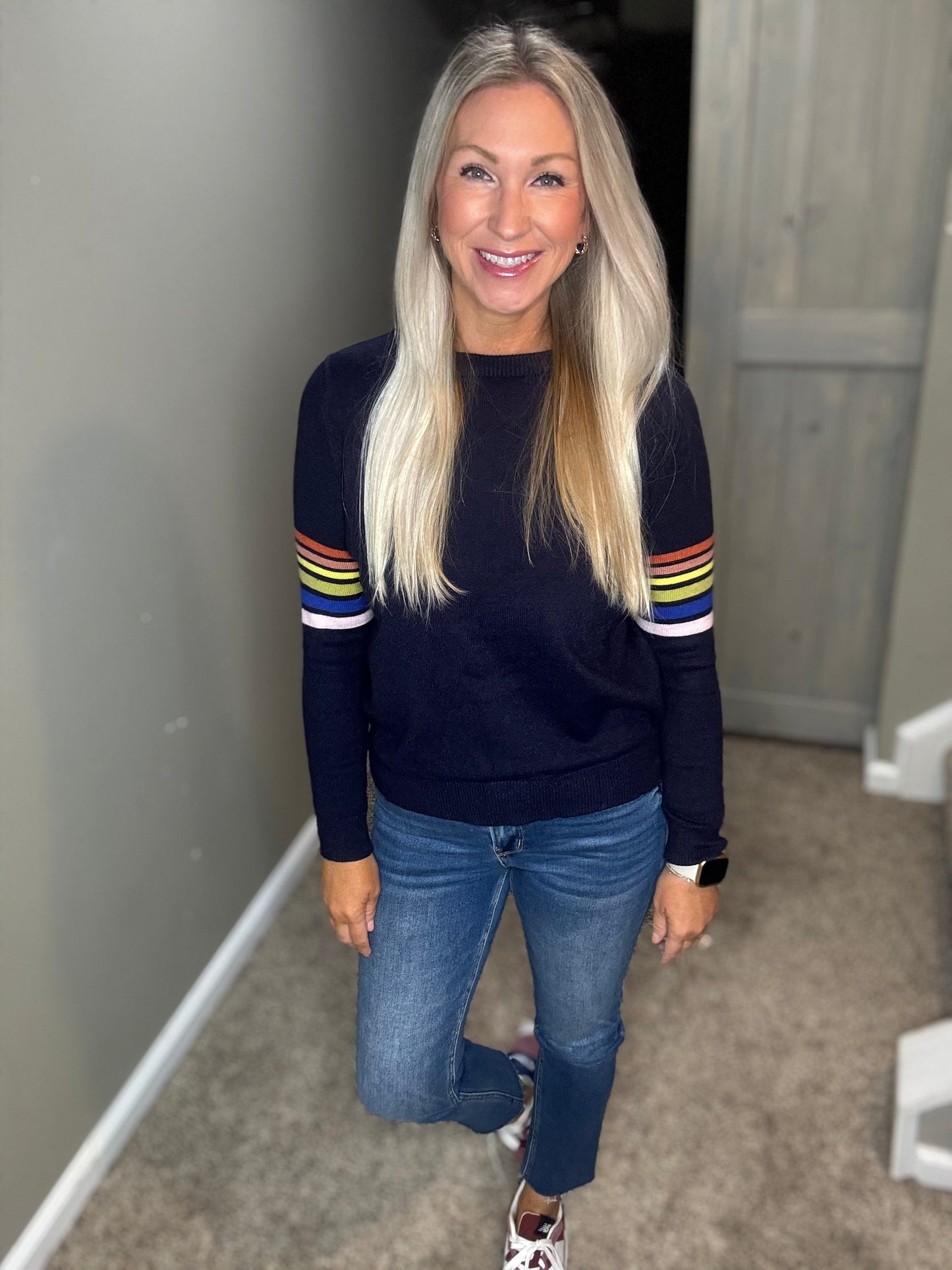 Navy Striped Sleeve Sweater