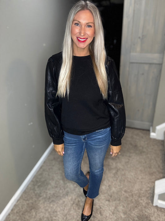 Black Faux Leather Sleeve Top