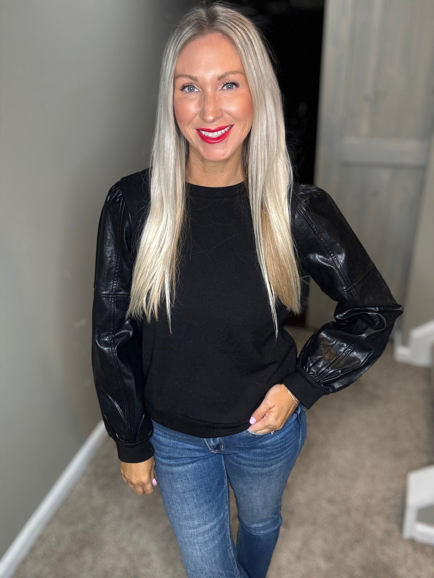 Black Faux Leather Sleeve Top