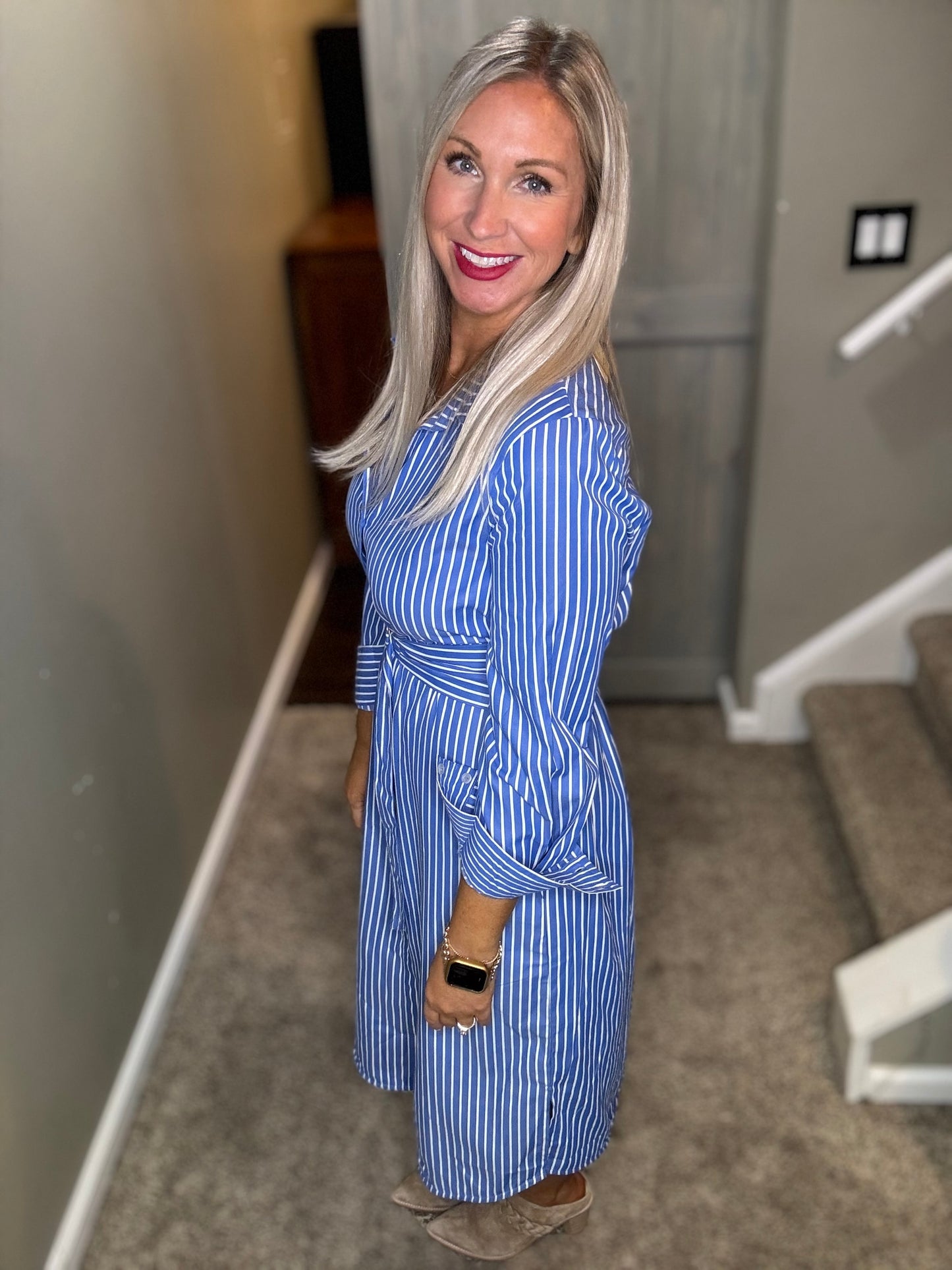 Blue Striped Midi Shirt Dress