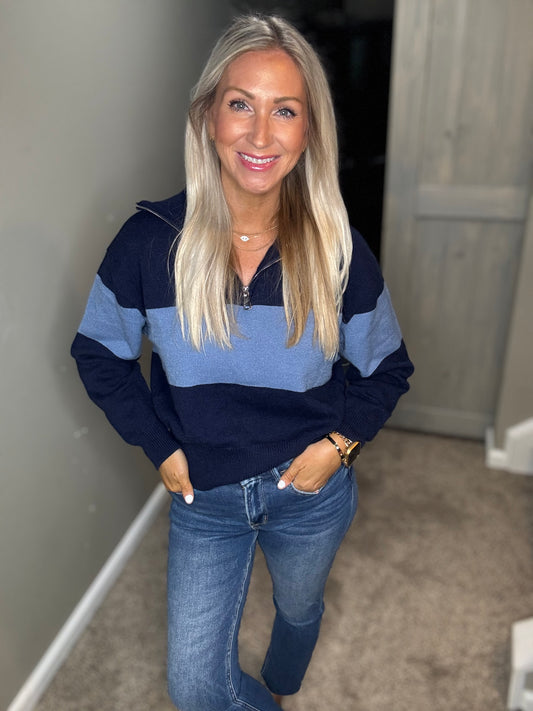 Navy Stripe 1/4 Zip Sweater