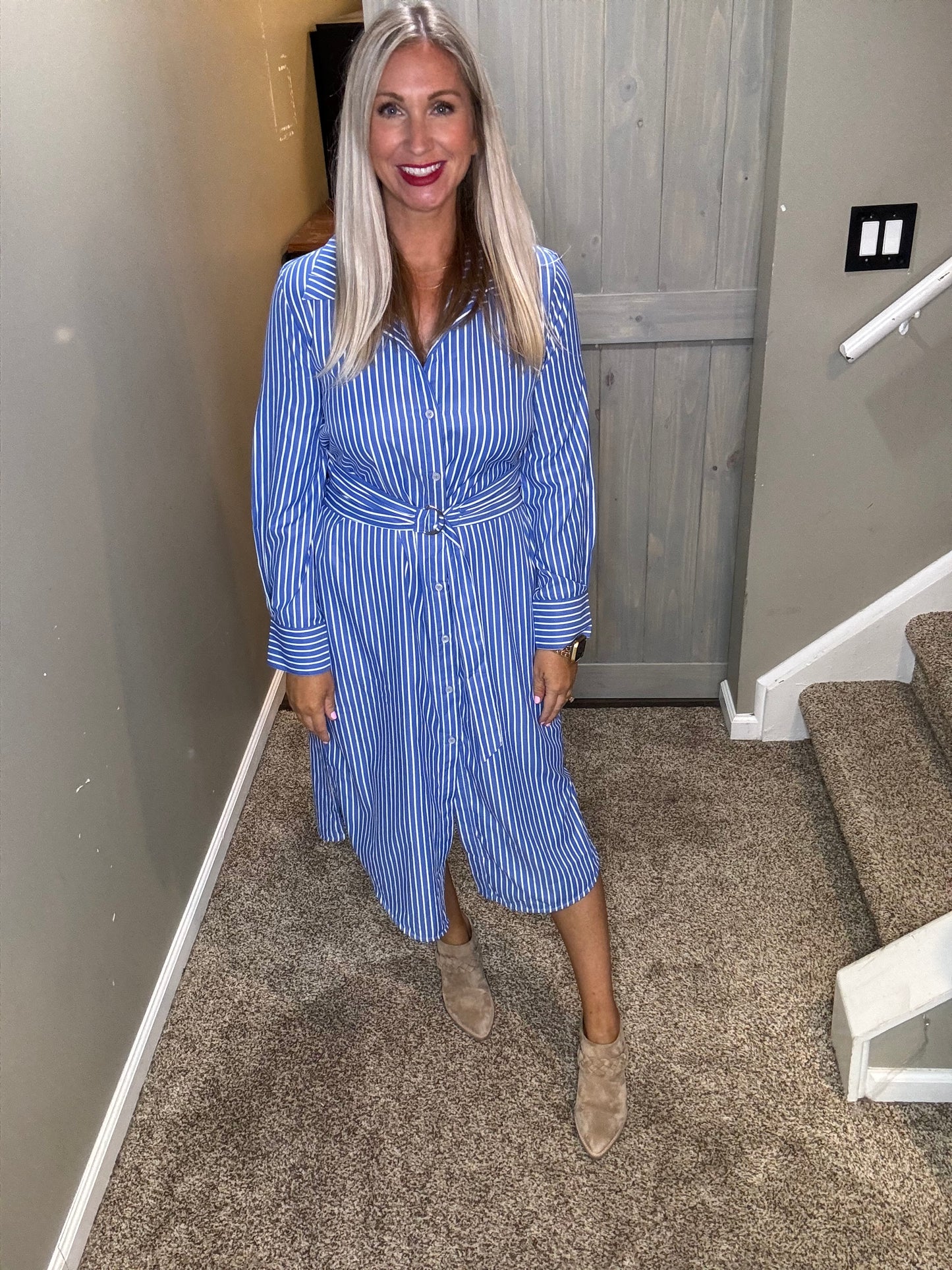Blue Striped Midi Shirt Dress