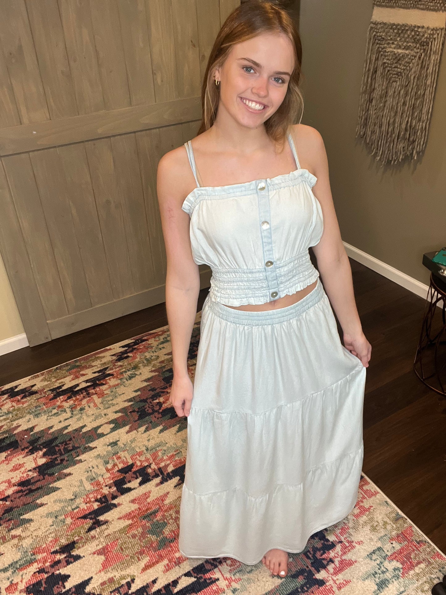 Denim Tiered Maxi Skirt