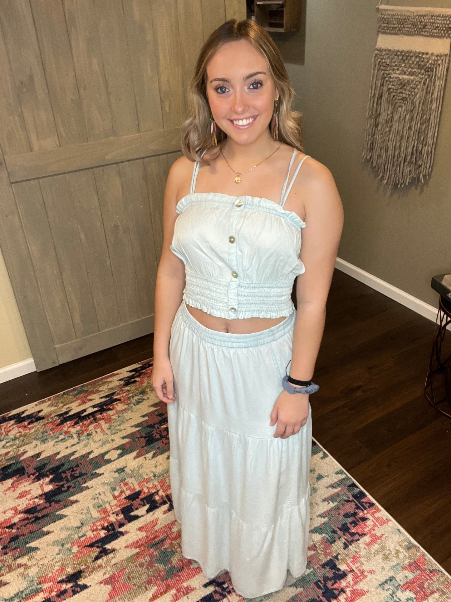 Denim Tiered Maxi Skirt