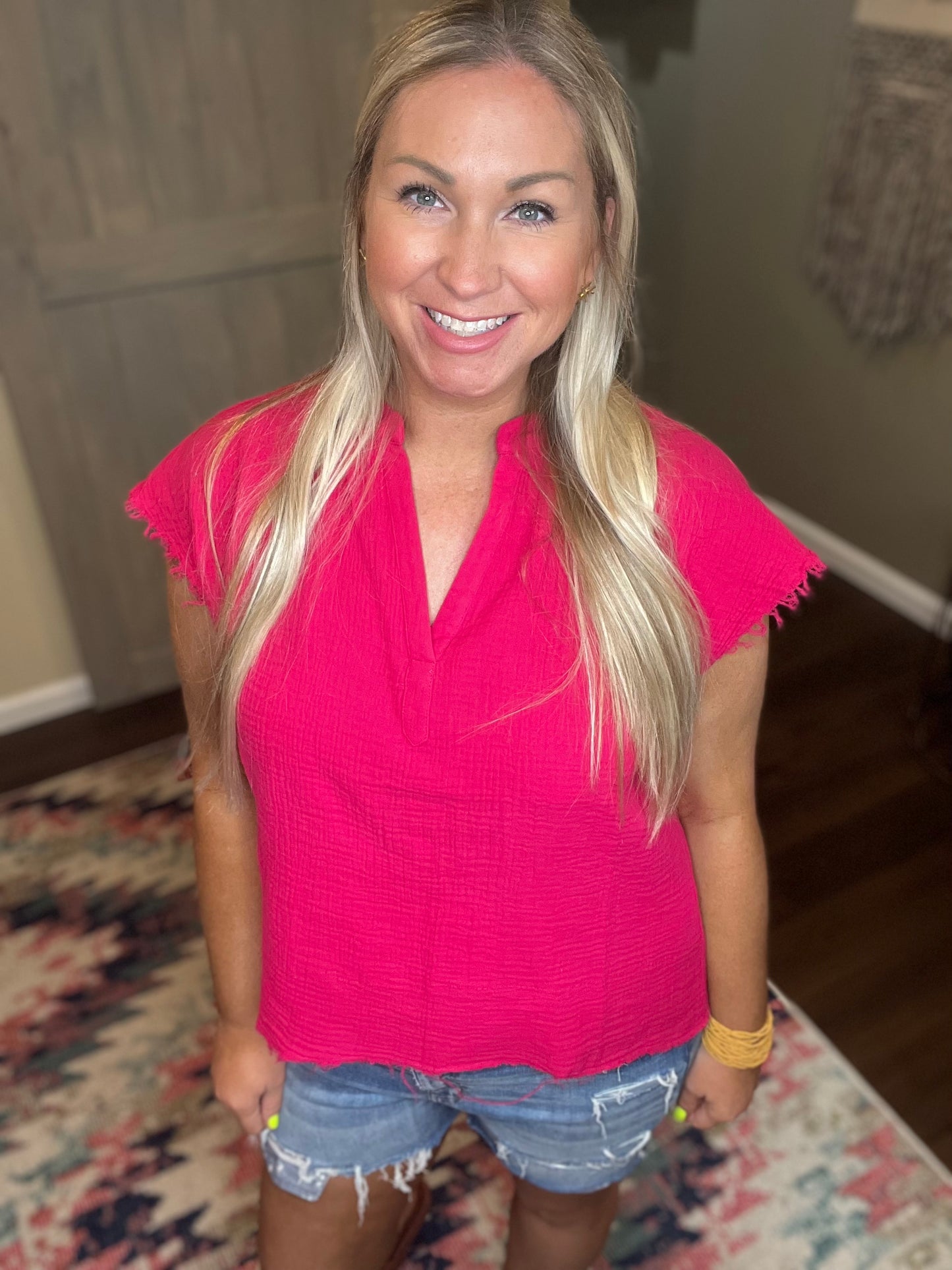 Fuchsia V-Neck Gauze Top